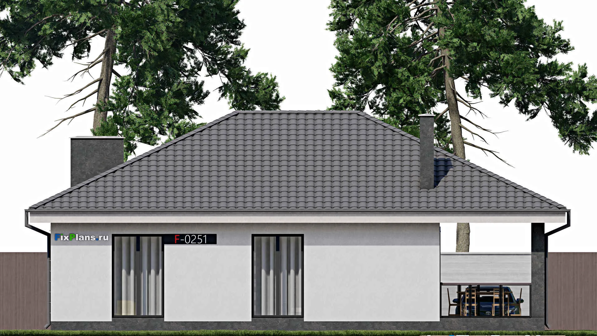 F-0251 - План одноэтажного дома 11 на 12, площадью 130 м² с террасой и 3 спальнями