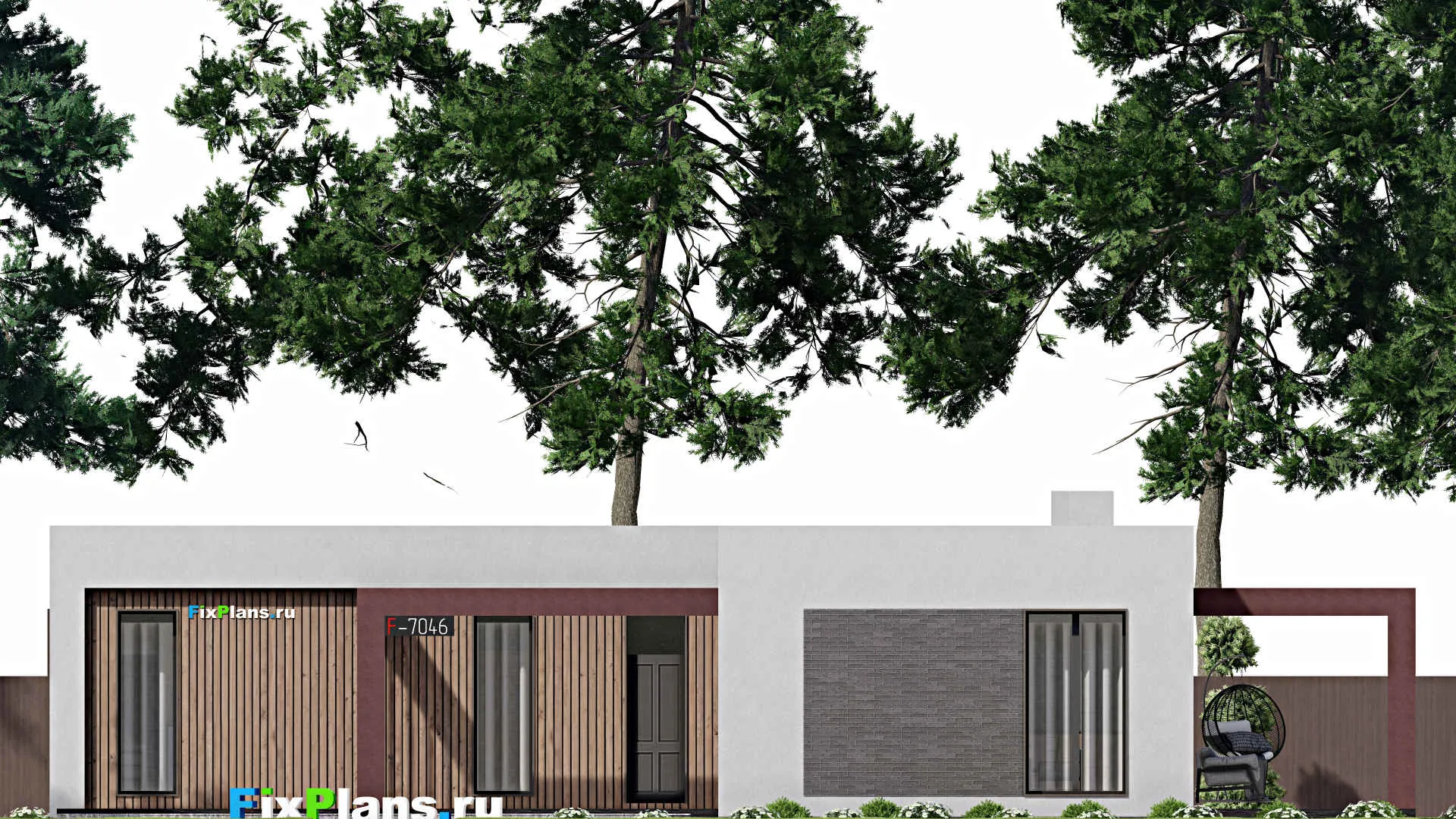 F-7046 - Проект одноэтажного дома 17 на 20, площадью 230 м² с террасой и 3 спальнями