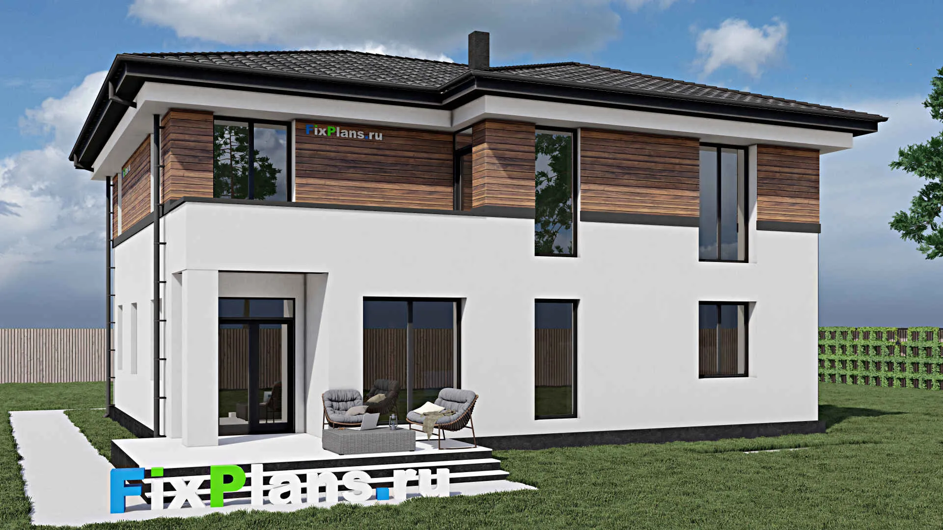 F-0764 - Проект двухэтажного дома 14 на 16, площадью 290 м² с террасой, балконом, гаражом на 2 машины и 2 спальнями