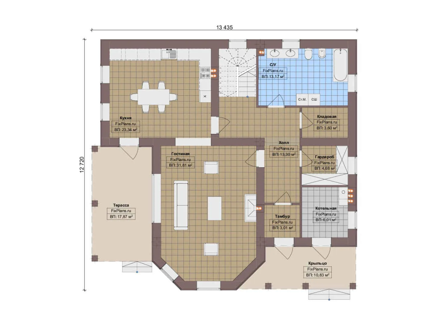 F-19268 - Планы дома с мансардой 13 на 14, площадью 230 м² с террасой, балконом и 3 спальнями