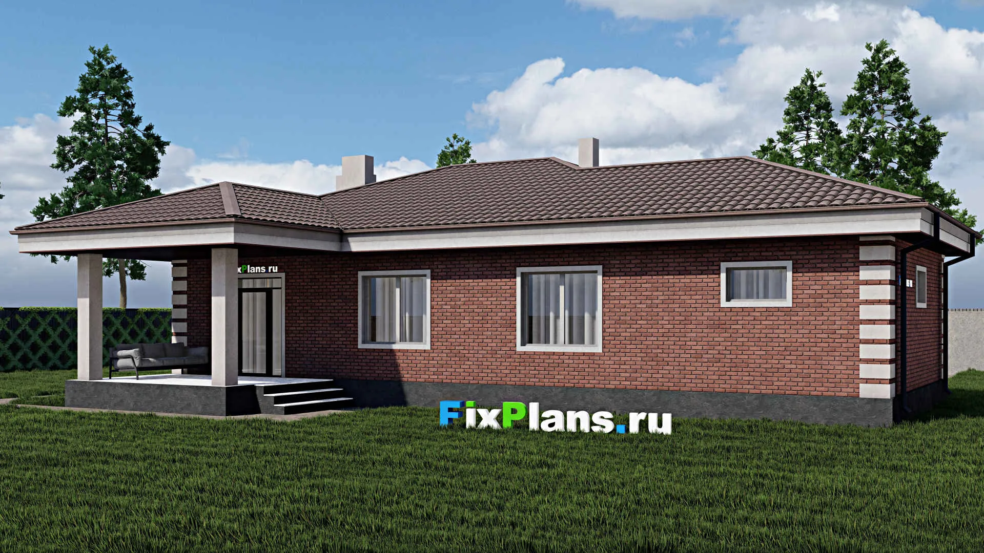 F-0827 - Проект одноэтажного дома 11 на 18, площадью 150 м² с террасой, гаражом на 1 машину и 3 спальнями