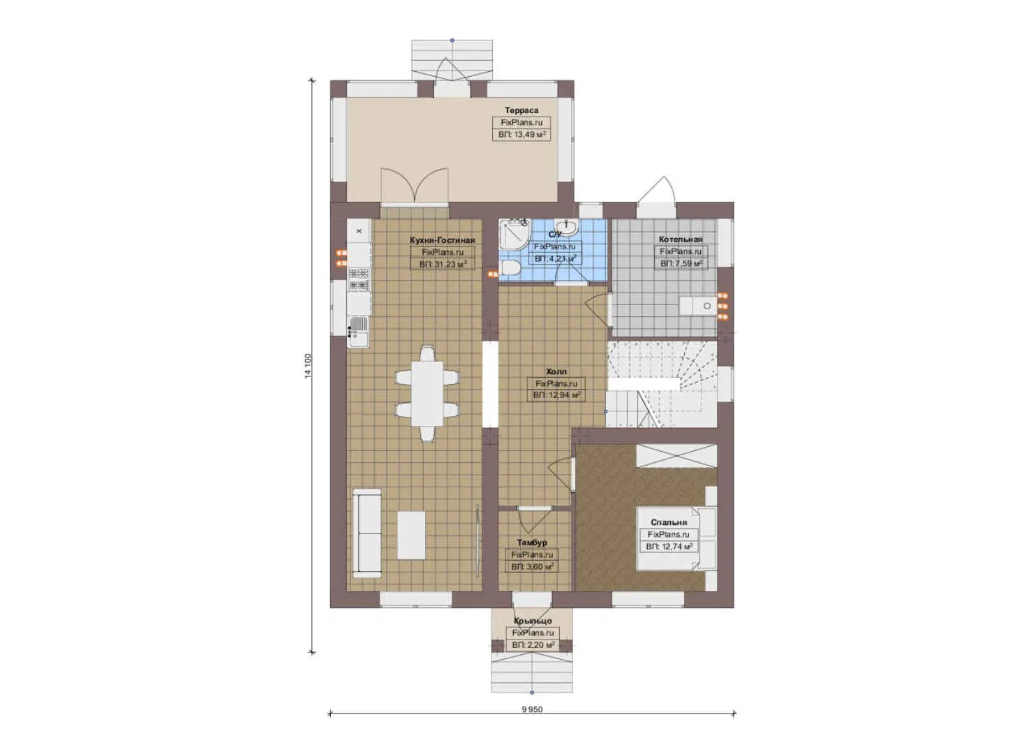 F-20069 - Планы дома с мансардой 10 на 15, площадью 170 м² с террасой и 4 спальнями