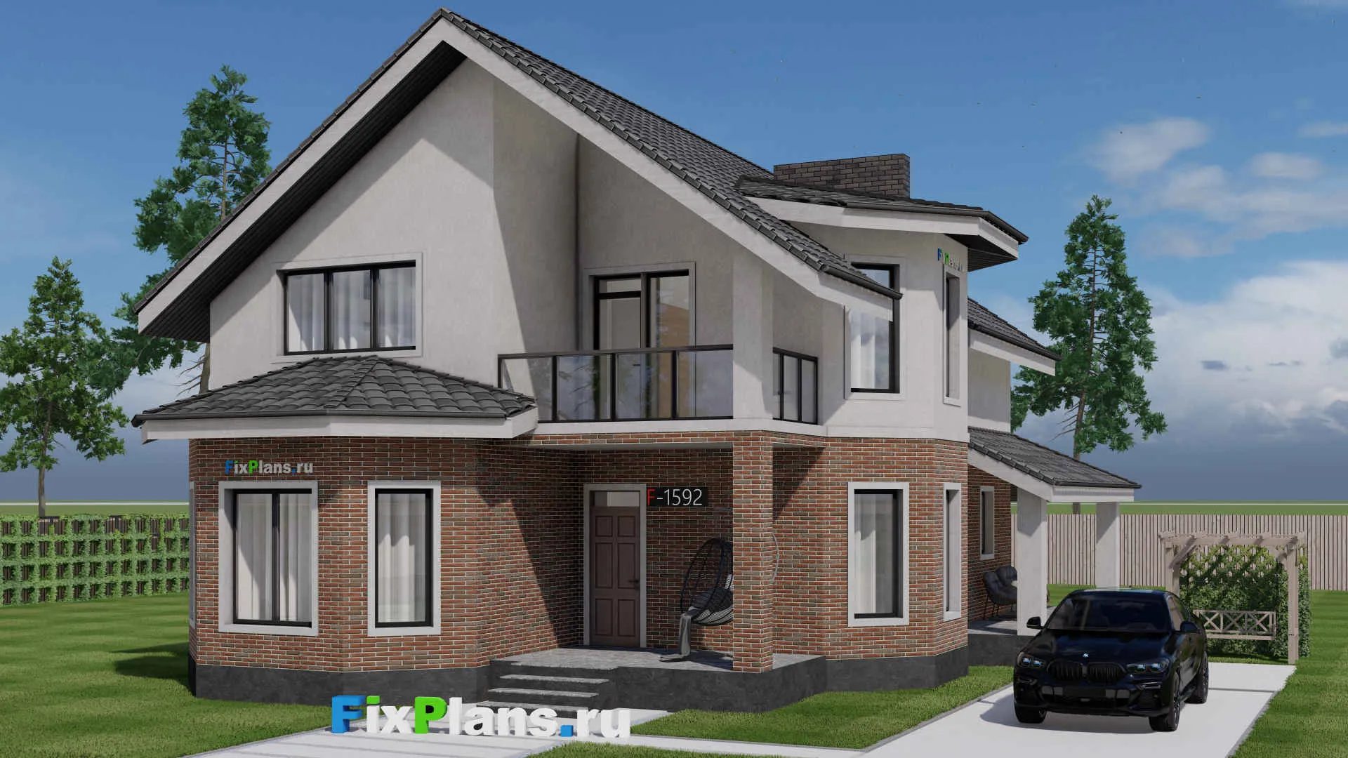 F-1592 - Проект дома с мансардой 11 на 15, площадью 210 м² с террасой и 5 спальнями