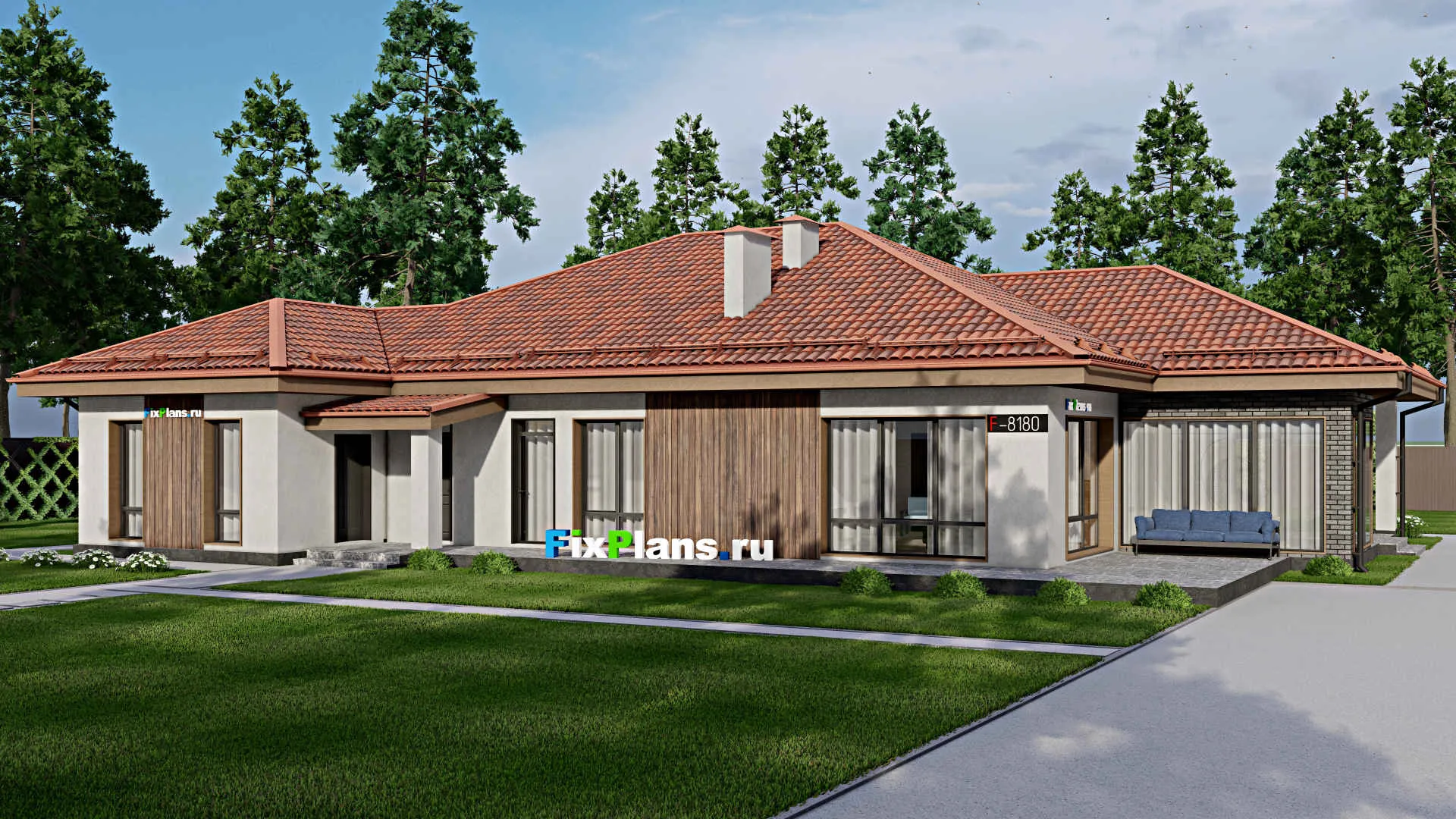 F-8180 - Проект одноэтажного дома 19 на 20, площадью 300 м² с террасой и 4 спальнями
