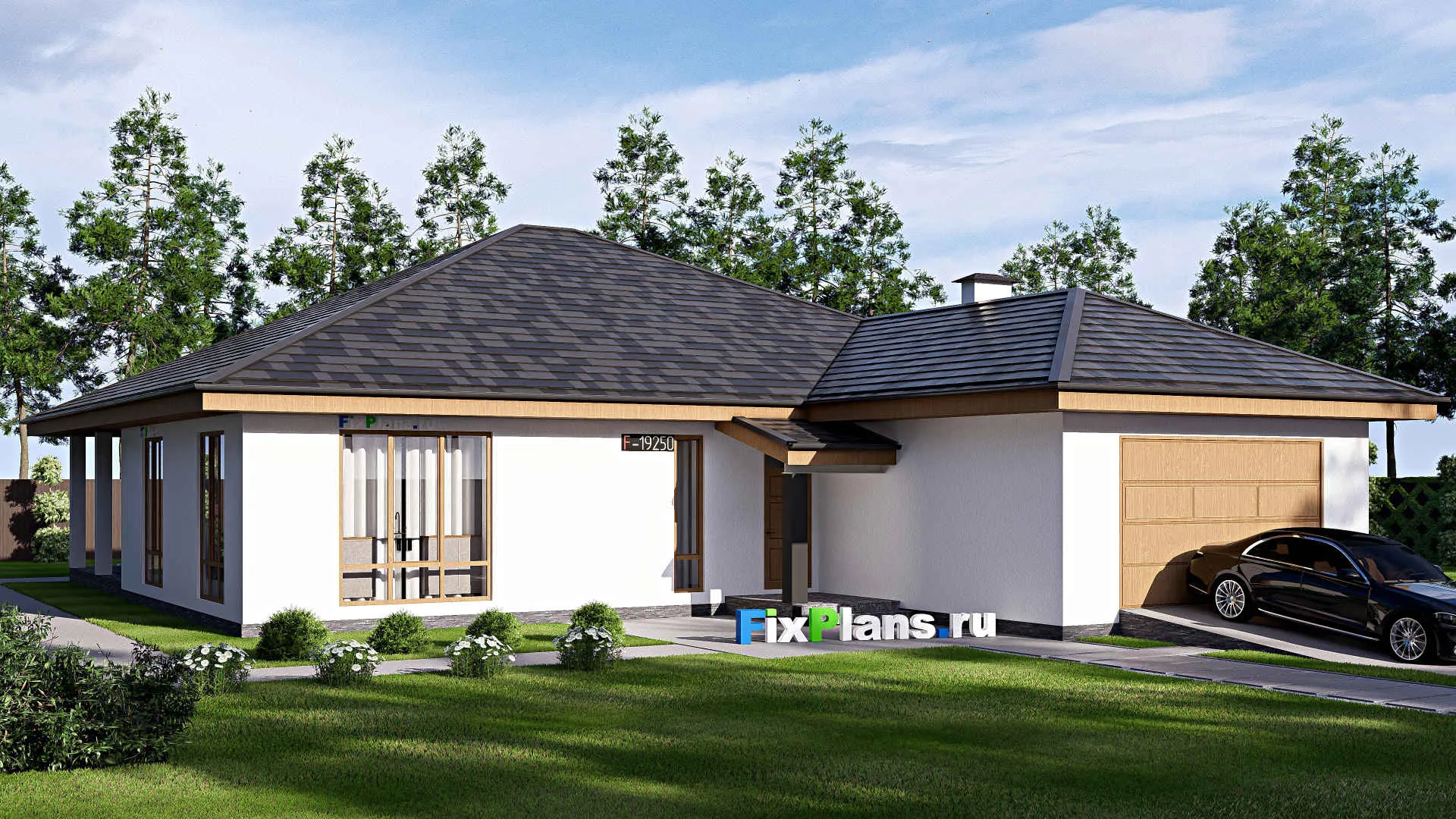 F-19250 - Проект одноэтажного дома 17 на 23, площадью 260 м² с террасой, гаражом на 2 машины и 4 спальнями