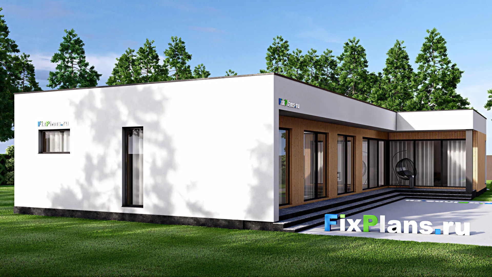 F-16577 - План одноэтажного дома 20 на 24, площадью 290 м² с террасой, гаражом на 2 машины и 3 спальнями