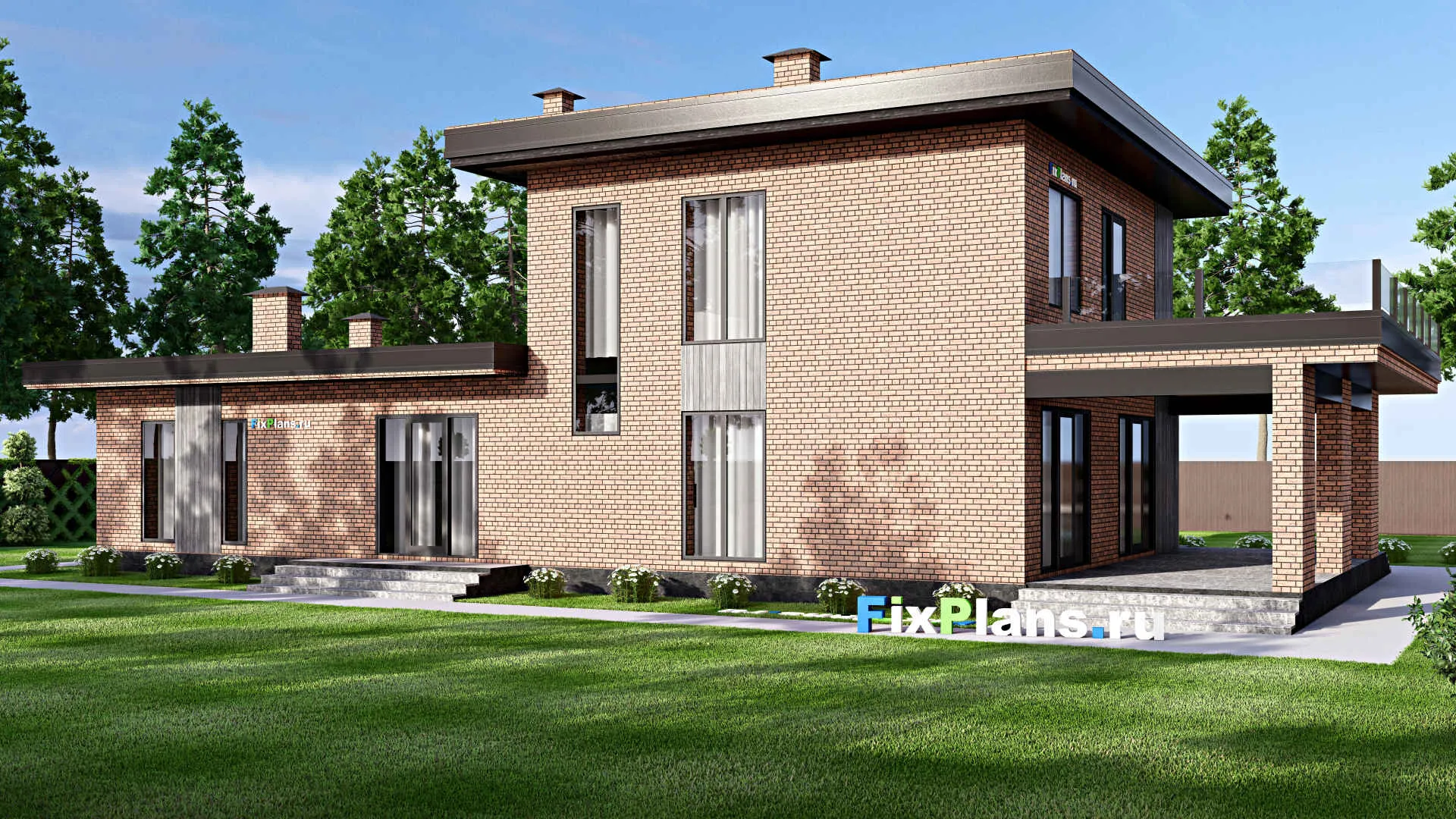 F-16838 - План одноэтажного дома 14 на 25, площадью 380 м² с террасой, балконом и 4 спальнями