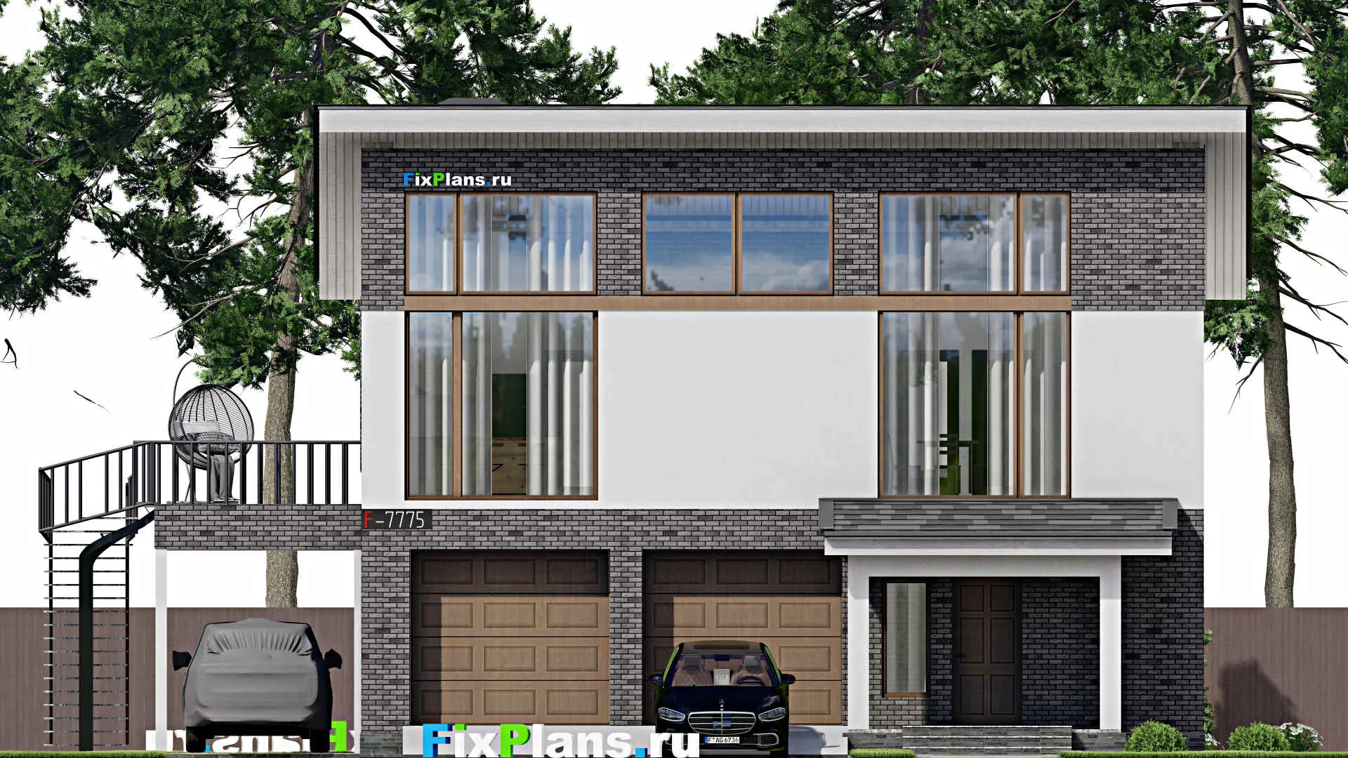 F-7775 - Проект двухэтажного дома 12 на 15, площадью 220 м² с террасой, гаражом на 2 машины и 3 спальнями