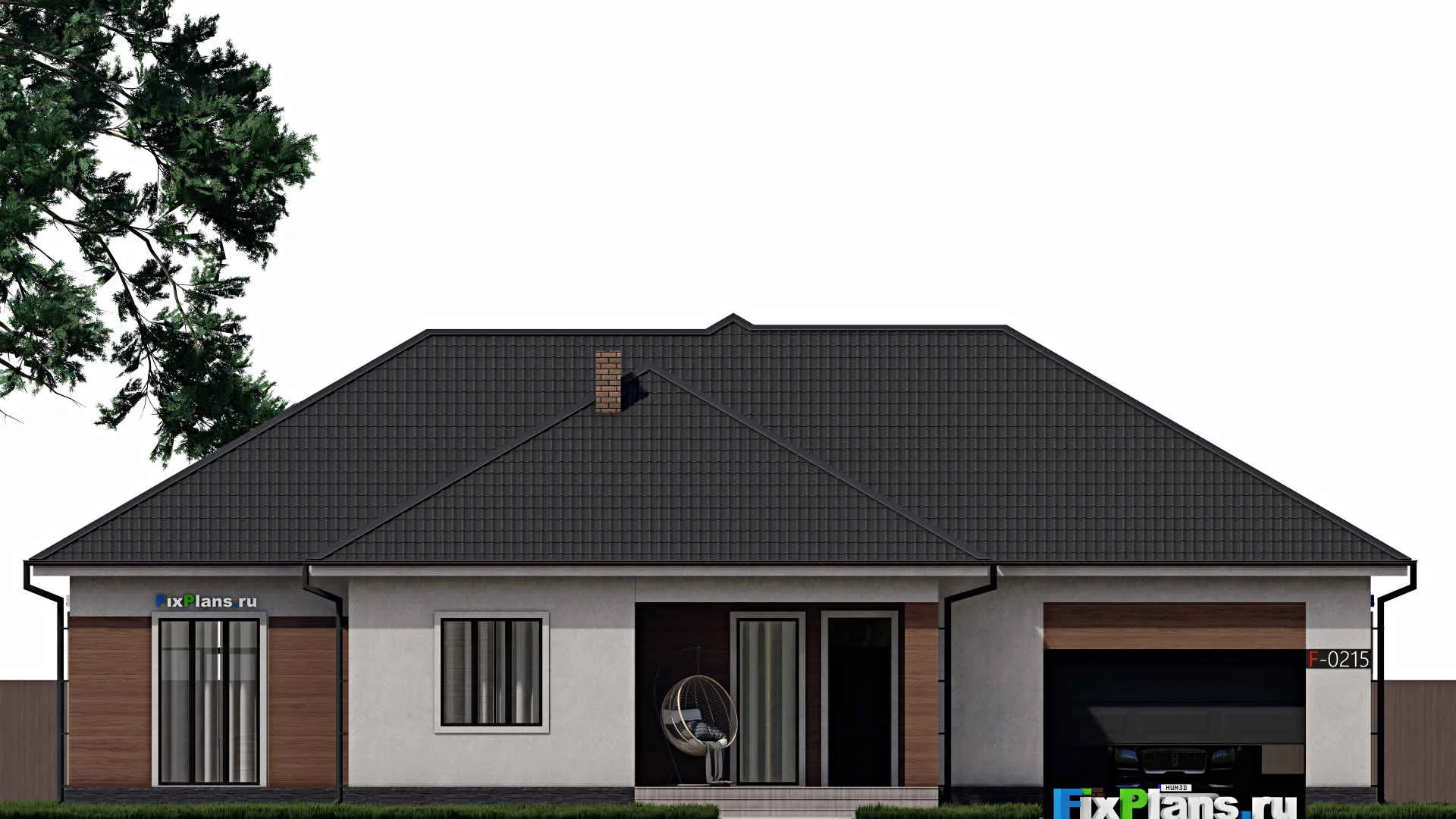 F-0215i - Проект одноэтажного дома 18 на 20, площадью 230 м² с террасой, гаражом на 2 машины и 3 спальнями