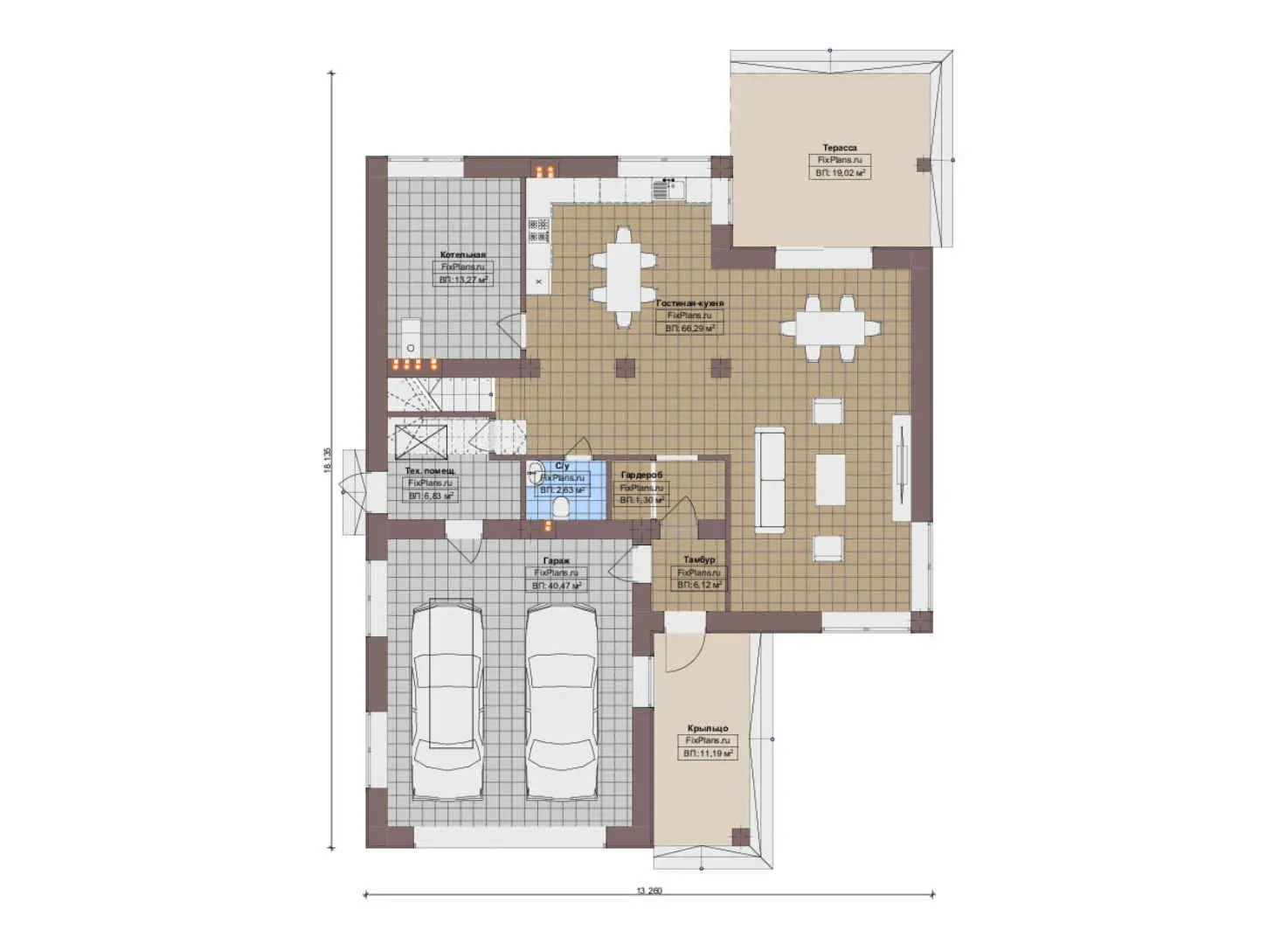 F-17846 - Планы двухэтажного дома 14 на 19, площадью 310 м² с террасой, балконом, гаражом на 2 машины и 4 спальнями