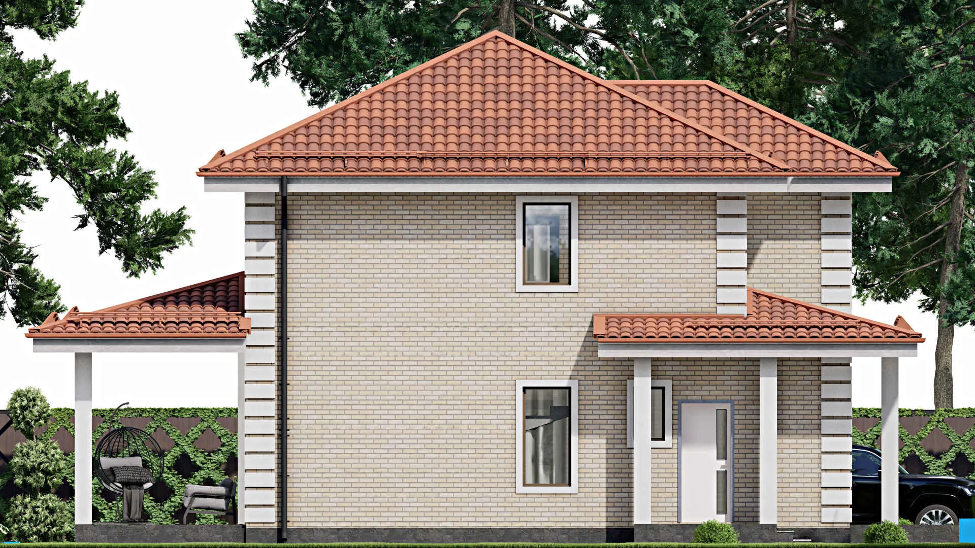 F-9539 - Проект двухэтажного дома 13 на 16, площадью 180 м² с террасой и 4 спальнями