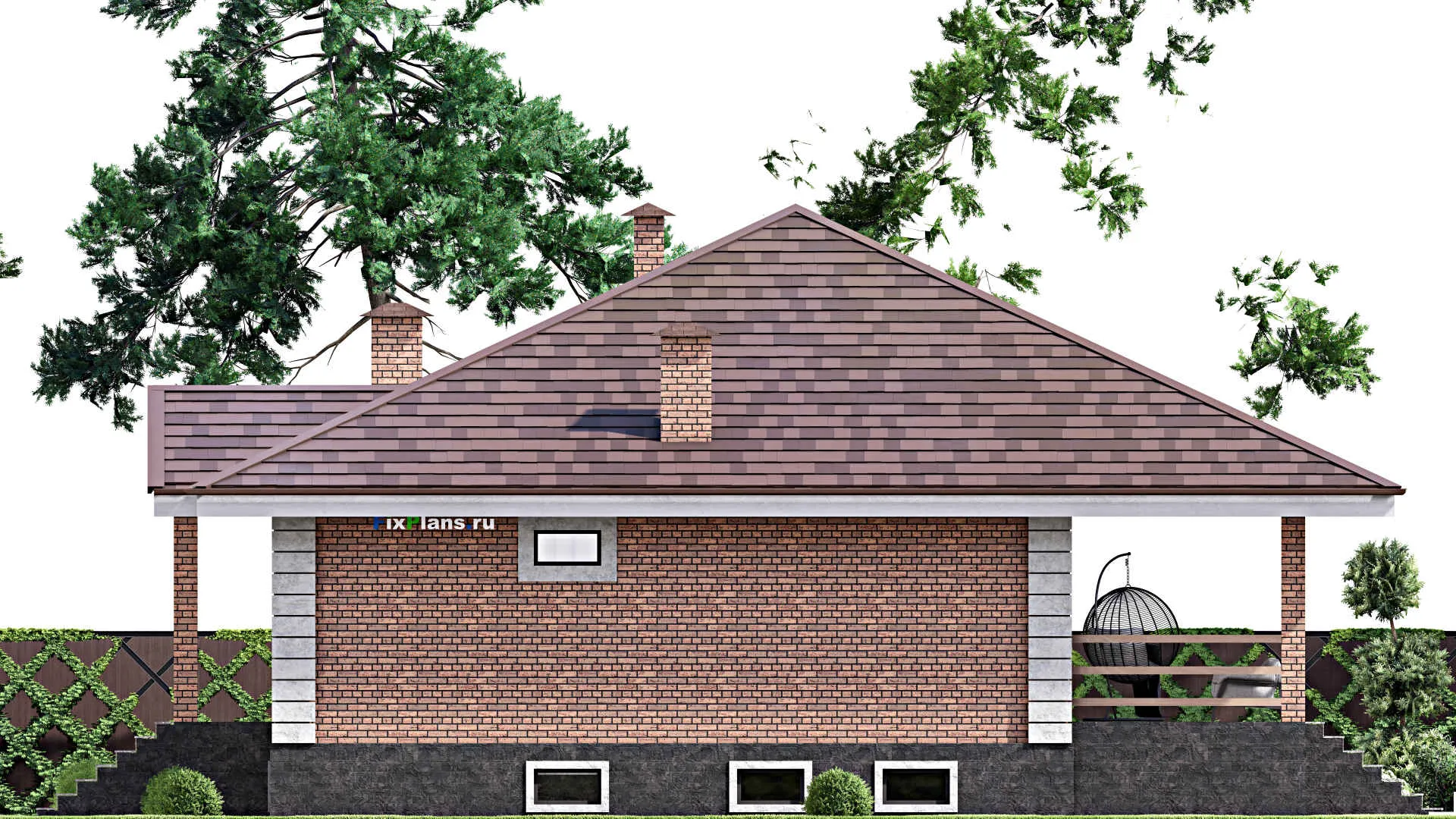 F-13868 - Проект одноэтажного дома 15 на 17, площадью 290 м² с террасой, цокольным этажом и 3 спальнями