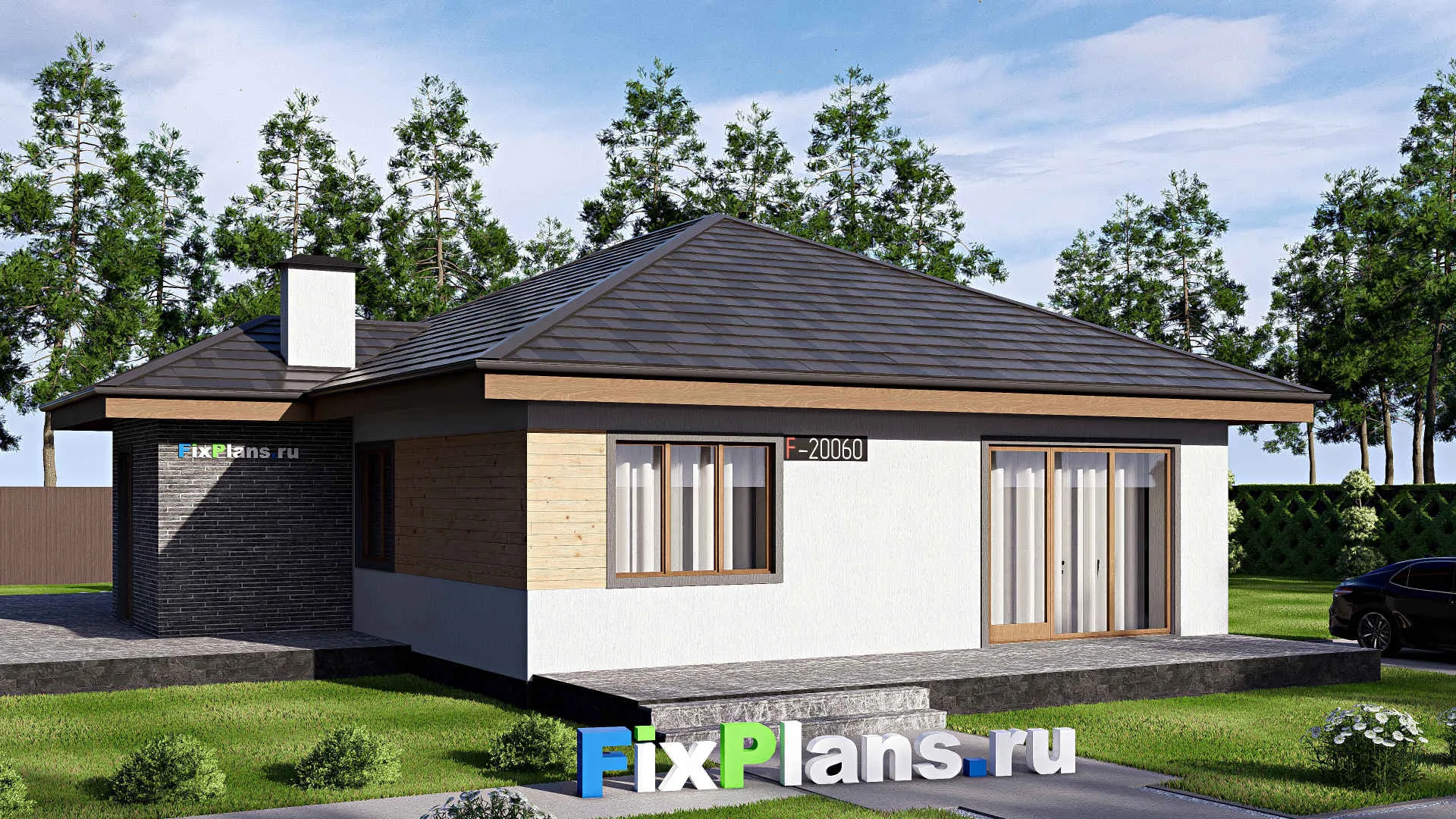 F-20060 - Проект одноэтажного дома 16 на 19, площадью 220 м² с террасой и 3 спальнями