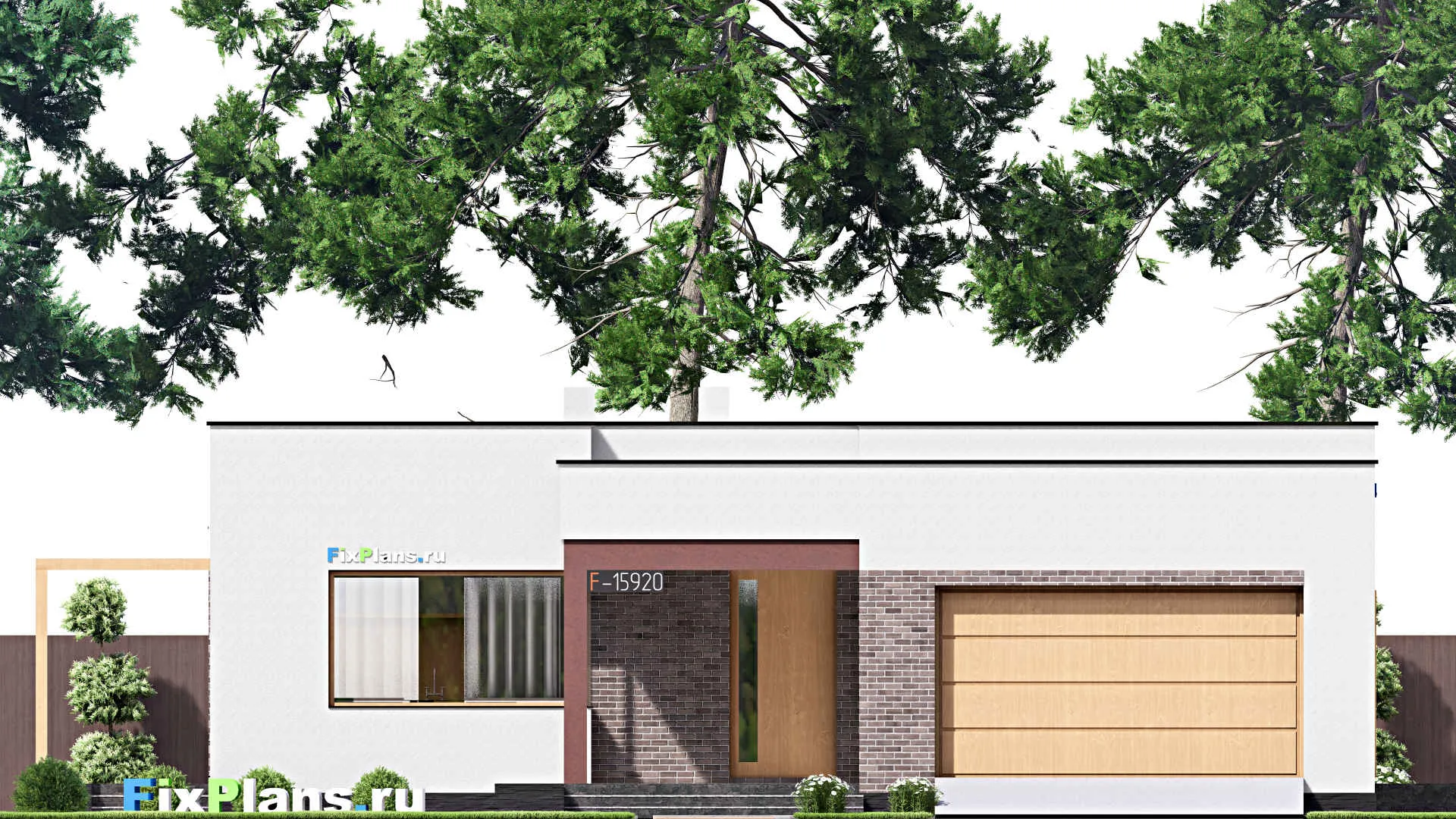F-15920 - Проект одноэтажного дома 18 на 20, площадью 240 м² с террасой, гаражом на 2 машины и 3 спальнями