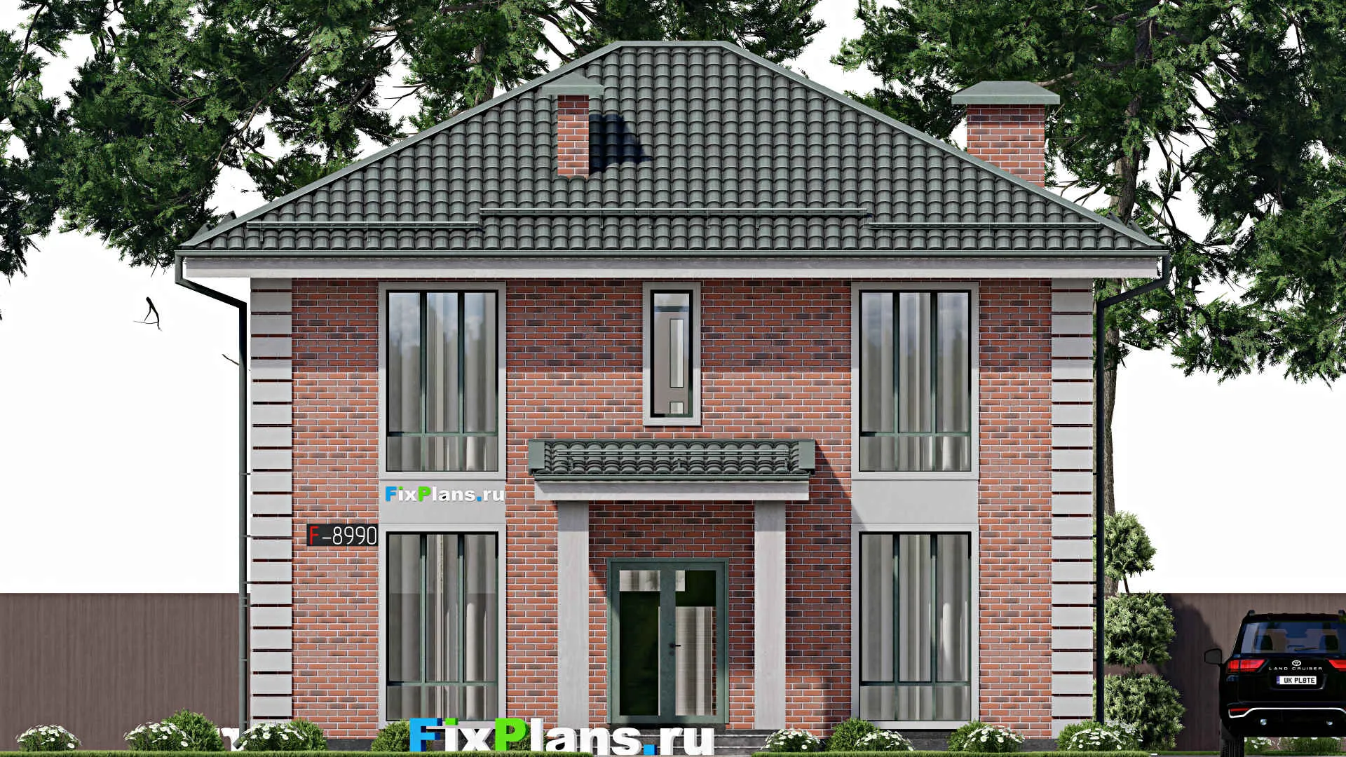 F-8990 - Планы двухэтажного дома 11 на 11, площадью 370 м² с террасой и 9 спальнями