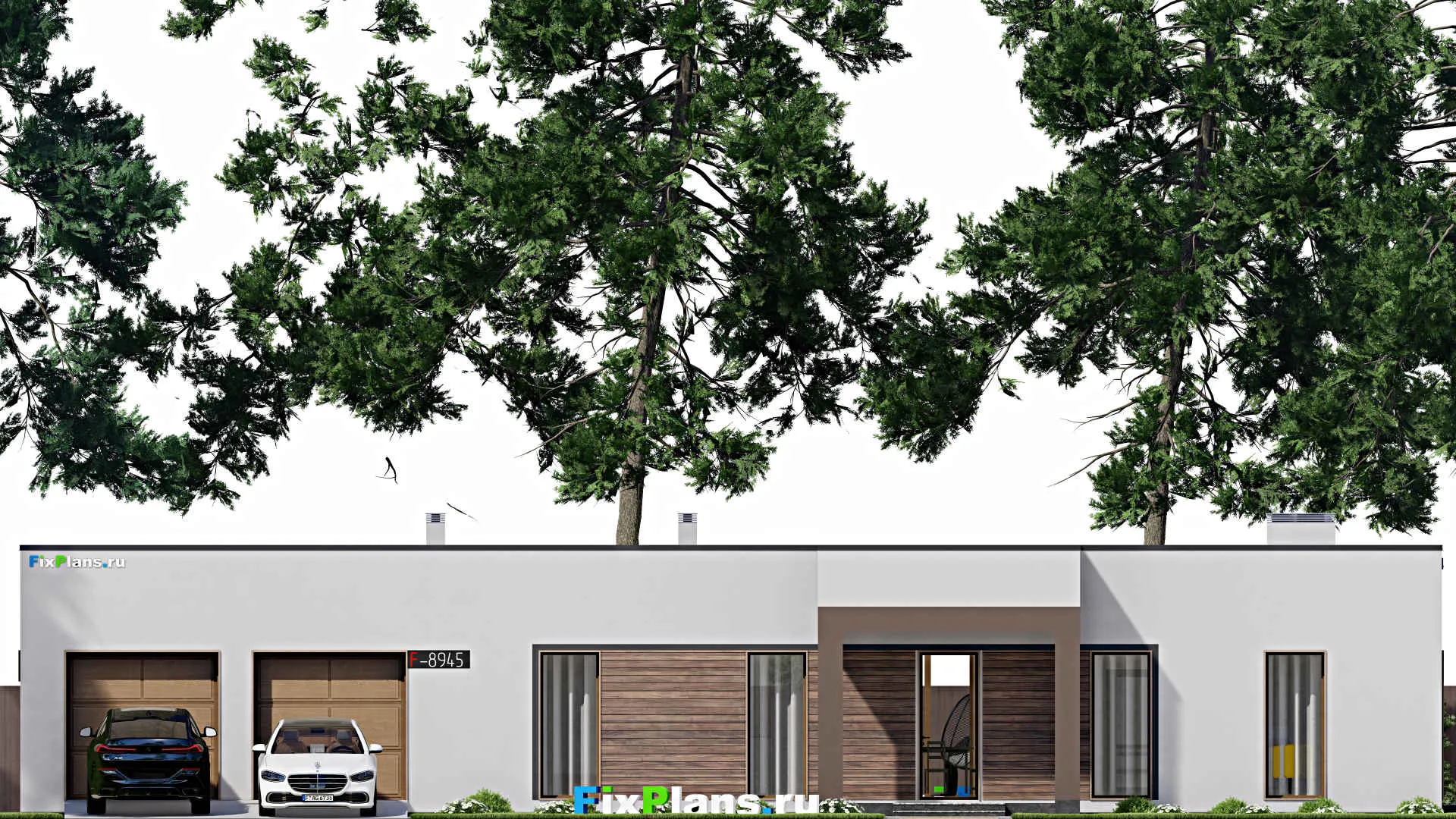 F-8945 - Проект одноэтажного дома 18 на 23, площадью 260 м² с террасой, баней, гаражом на 2 машины, спортзалом и 2 спальнями