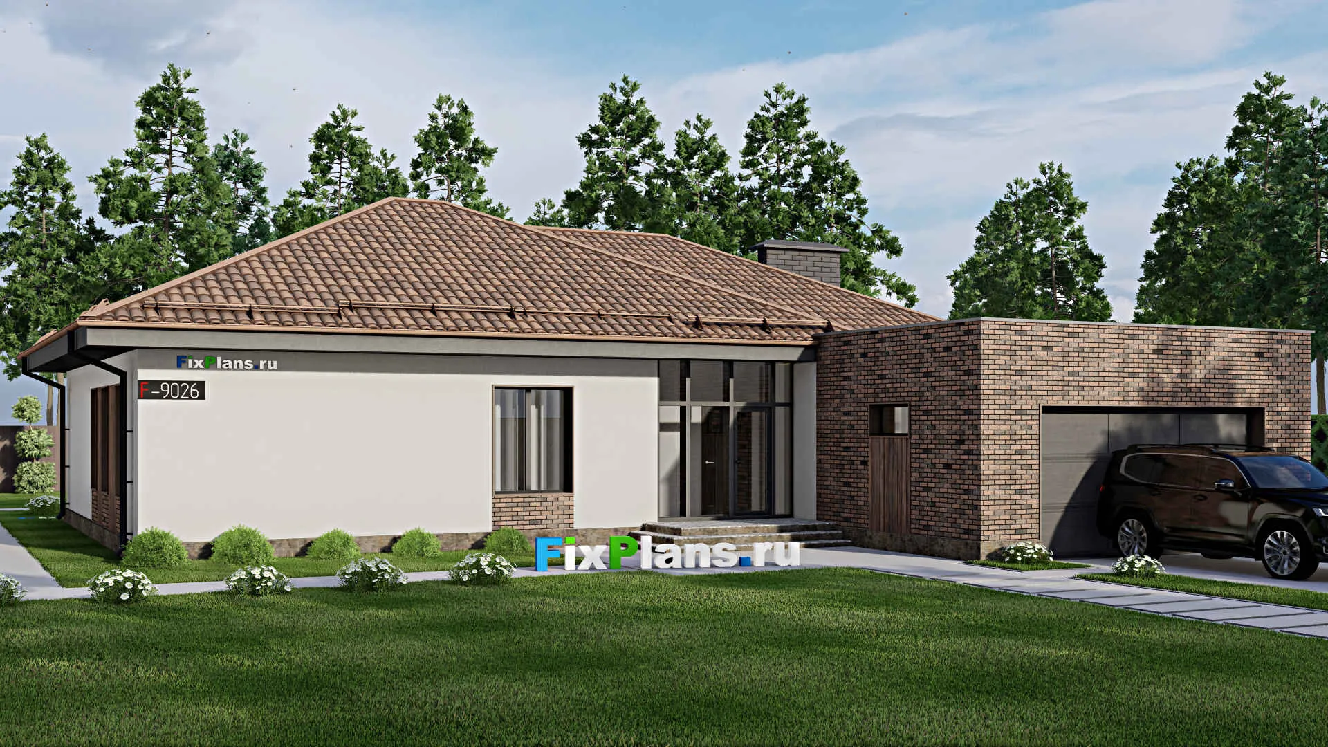 F-9026 - Проект одноэтажного дома 19 на 24, площадью 240 м² с террасой, гаражом на 2 машины и 3 спальнями