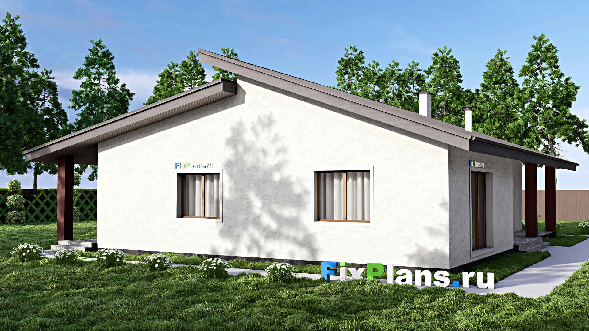 F-13283 - Проект одноэтажного дома 15 на 18, площадью 220 м² с террасой, гаражом на 1 машину и 3 спальнями