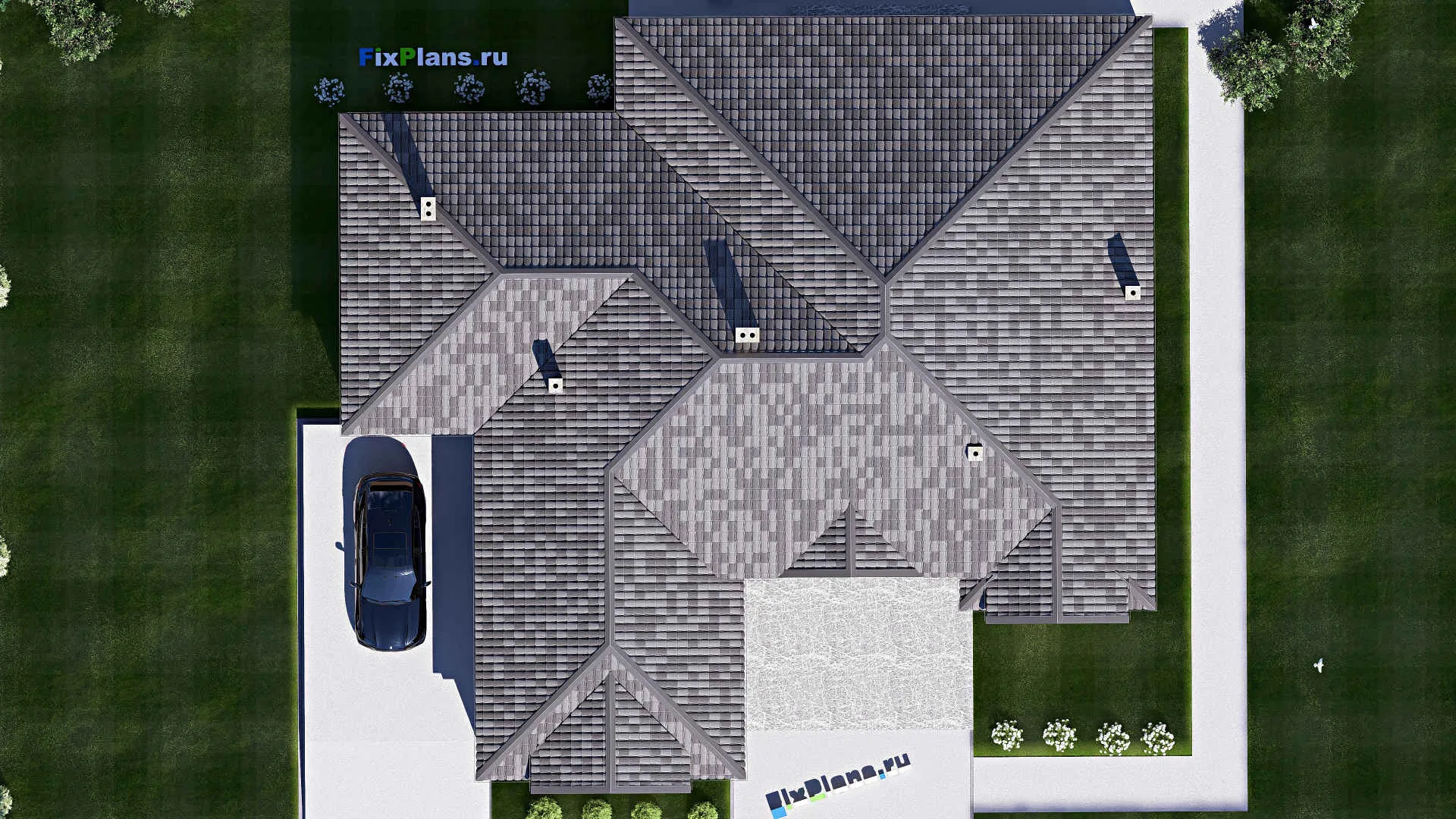 F-17171 - Проект одноэтажного дома 21 на 22, площадью 300 м² с террасой, гаражом на 2 машины и 5 спальнями