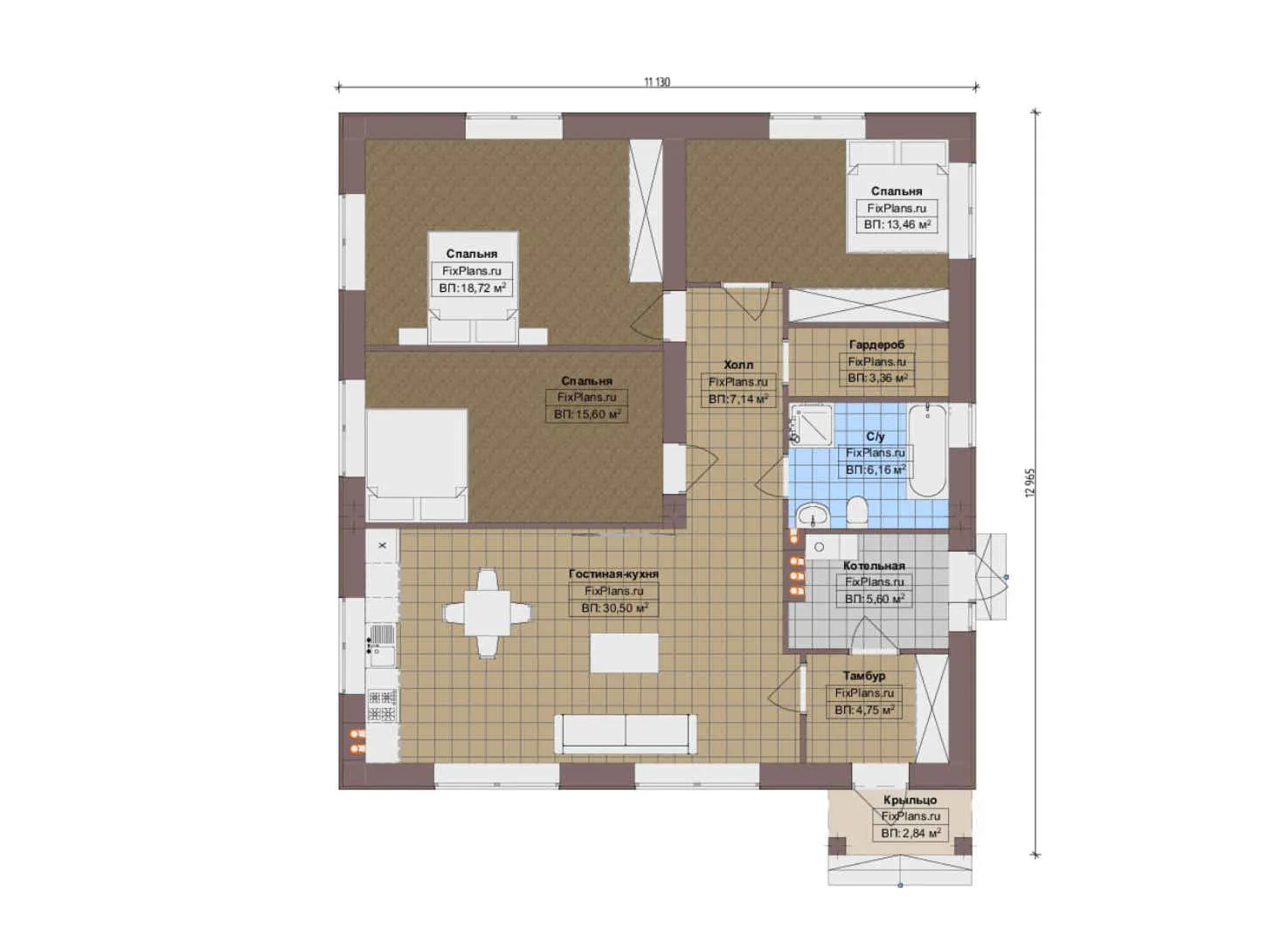 F-17864 - План одноэтажного дома 12 на 13, площадью 110 м² с 3 спальнями