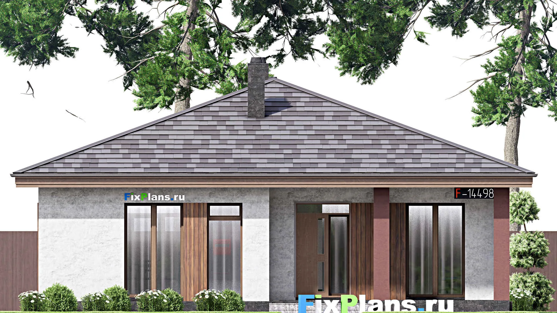 F-14498 - Проект одноэтажного дома 12 на 14, площадью 130 м² с террасой и 3 спальнями