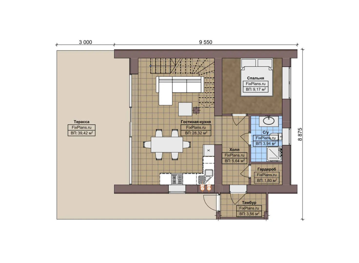 F-6857 - Планы дома с мансардой 9 на 10, площадью 120 м² с террасой и 3 спальнями