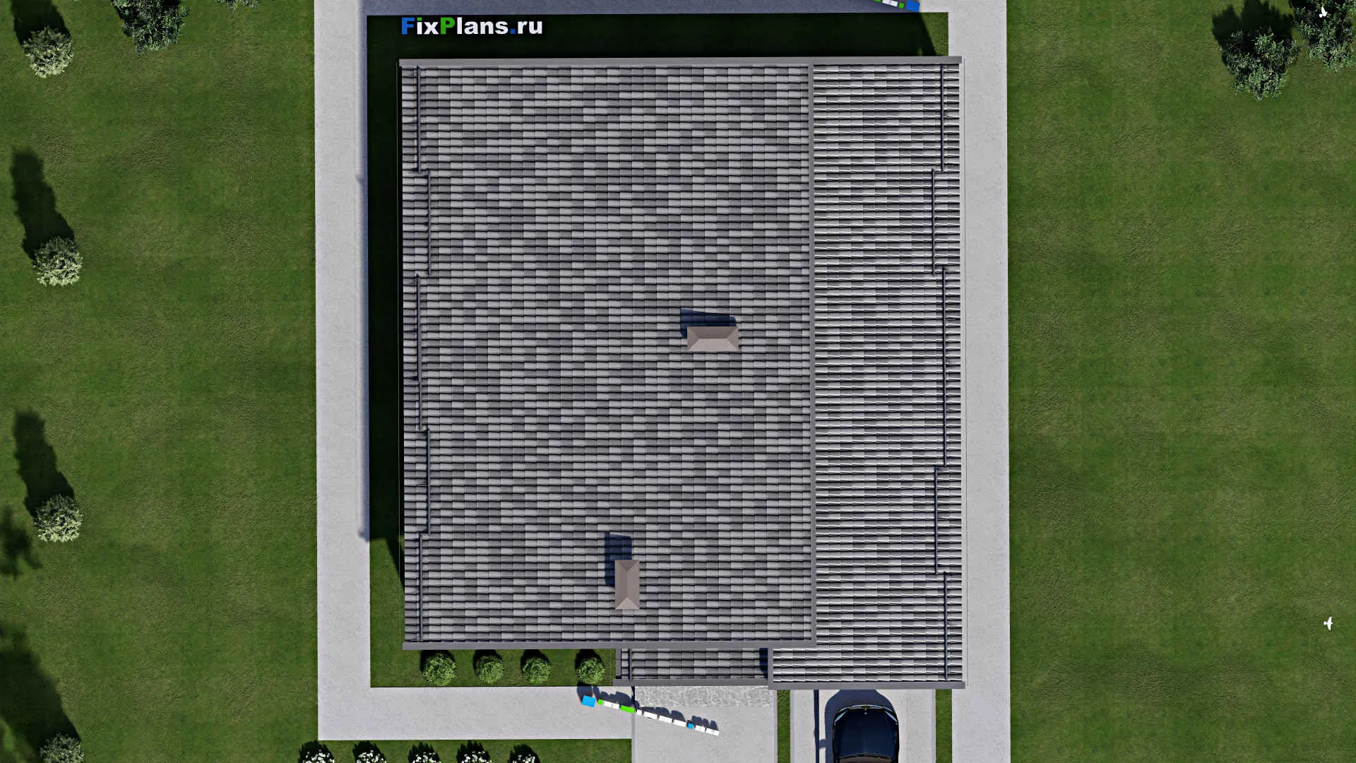 F-5696 - Проект одноэтажного дома 16 на 18, площадью 210 м² с террасой, гаражом на 1 машину и 3 спальнями