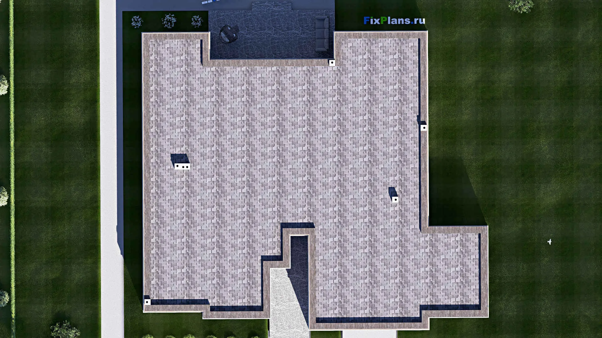 F-19898 - Проект одноэтажного дома 21 на 23, площадью 330 м² с террасой, гаражом на 2 машины и 3 спальнями