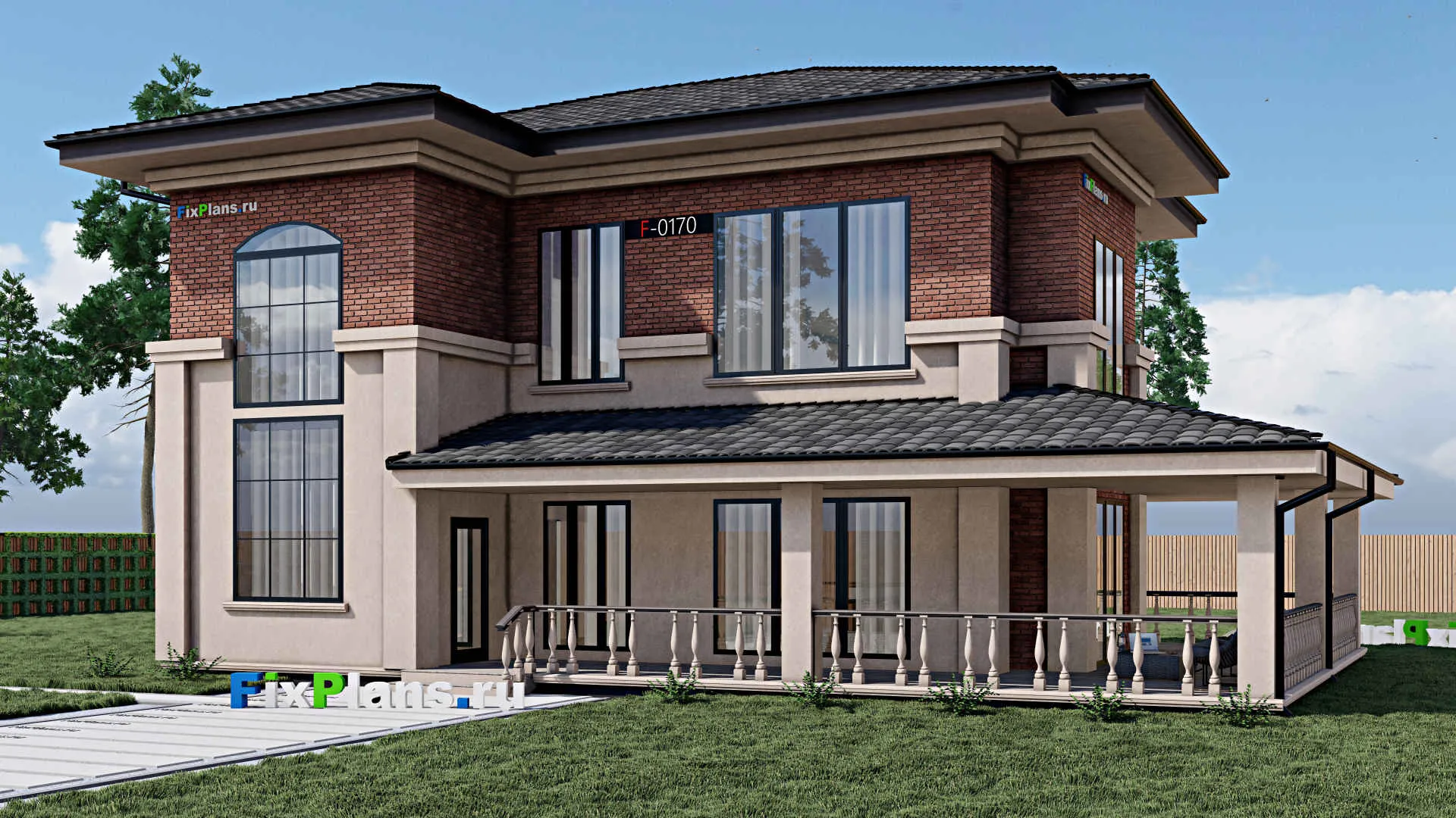 F-0170 - Проект двухэтажного дома 11 на 13, площадью 240 м² с террасой и 2 спальнями