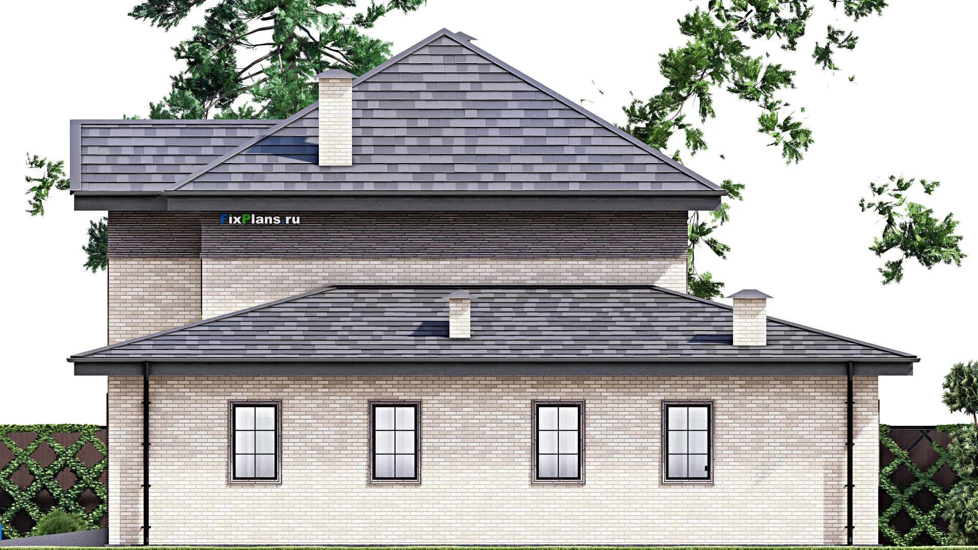 F-12635 - Проект двухэтажного дома 15 на 15, площадью 220 м² с террасой, баней, гаражом на 1 машину и 4 спальнями