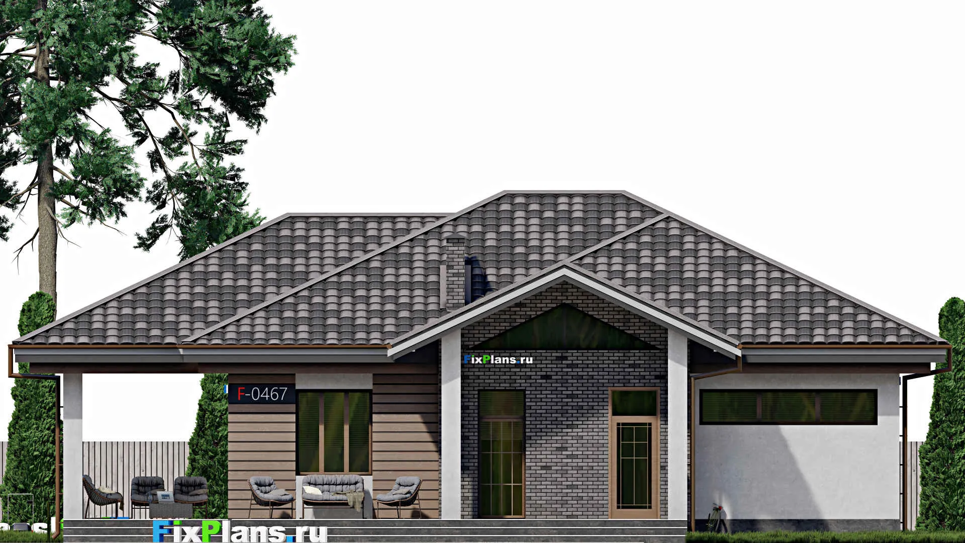 F-0467 - Проект одноэтажного дома 14 на 14, площадью 190 м² с террасой и 5 спальнями