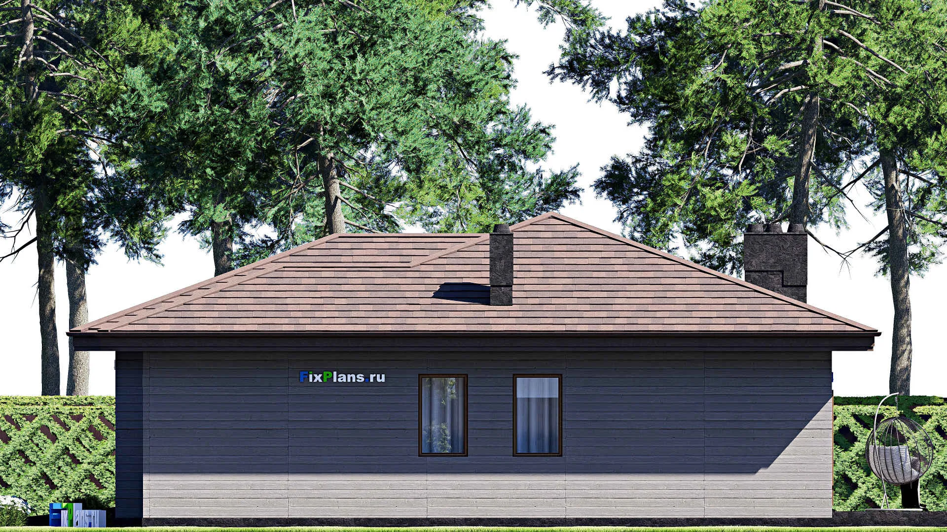 F-17504 - План одноэтажного дома 16 на 19, площадью 190 м² с террасой, гаражом на 2 машины и 3 спальнями