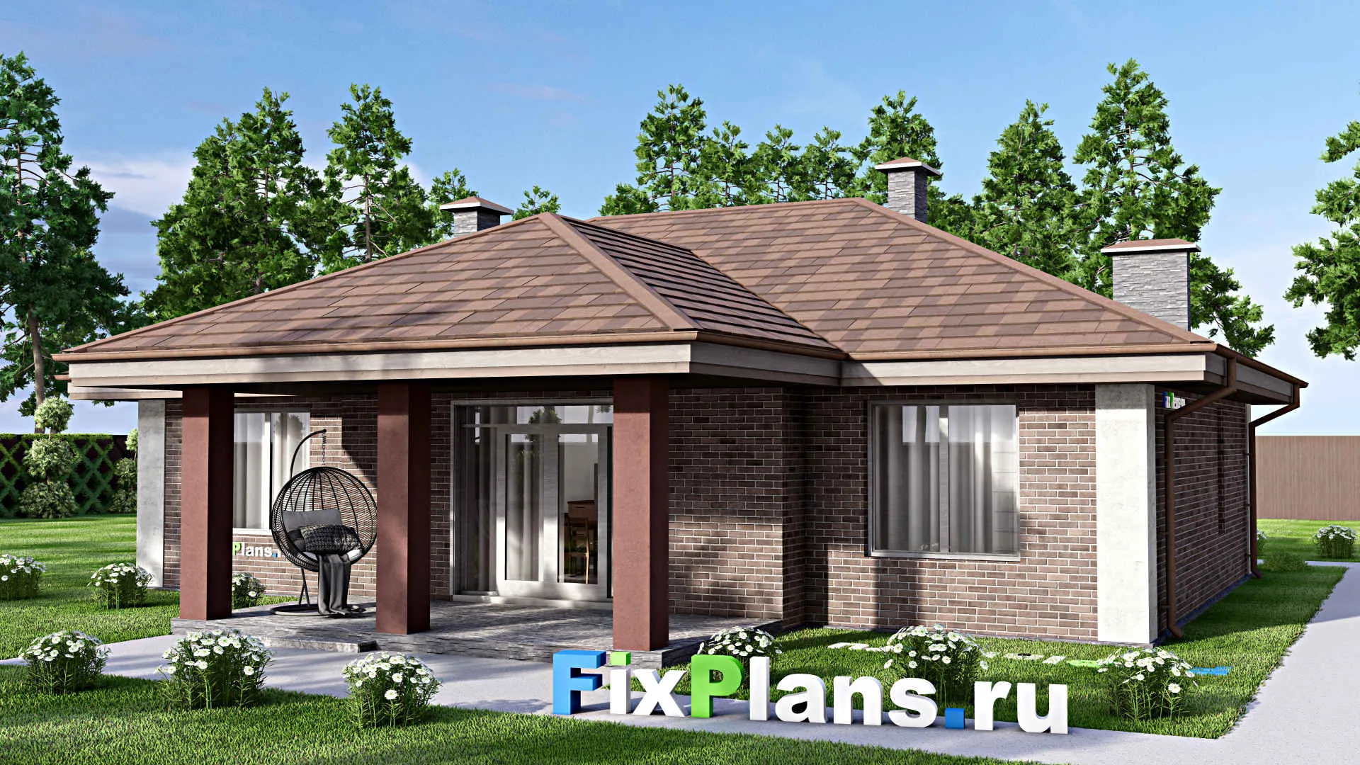 F-14282 - План одноэтажного дома 15 на 16, площадью 150 м² с террасой и 3 спальнями