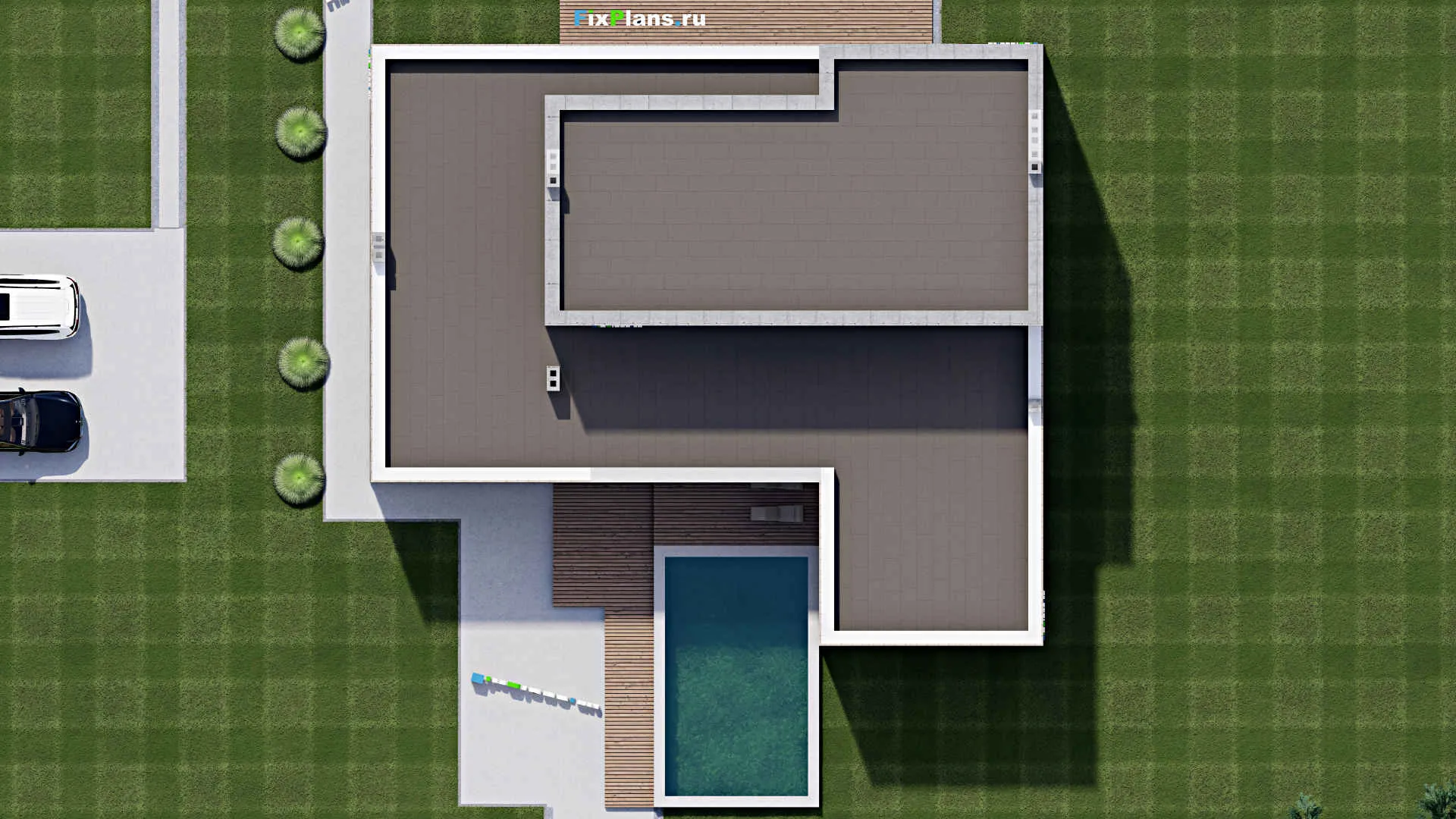 F-0359 - Планы двухэтажного дома 19 на 21, площадью 550 м² с террасой, балконом, баней, бассейном, спортзалом и 4 спальнями