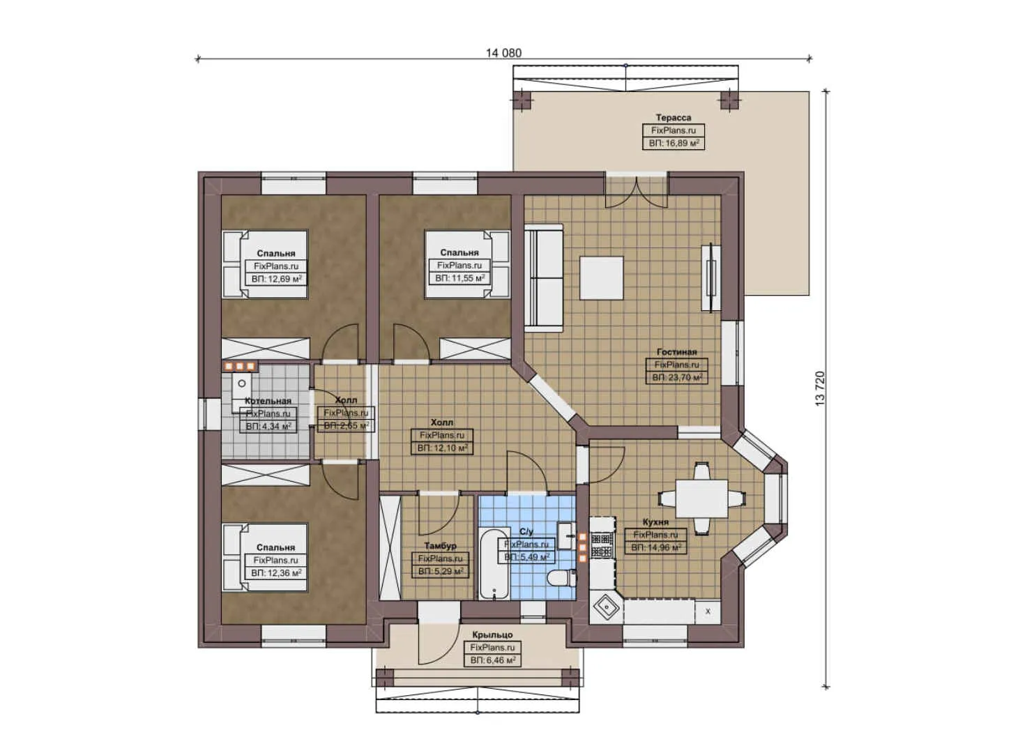 F-8648 - План одноэтажного дома 14 на 15, площадью 130 м² с террасой и 3 спальнями