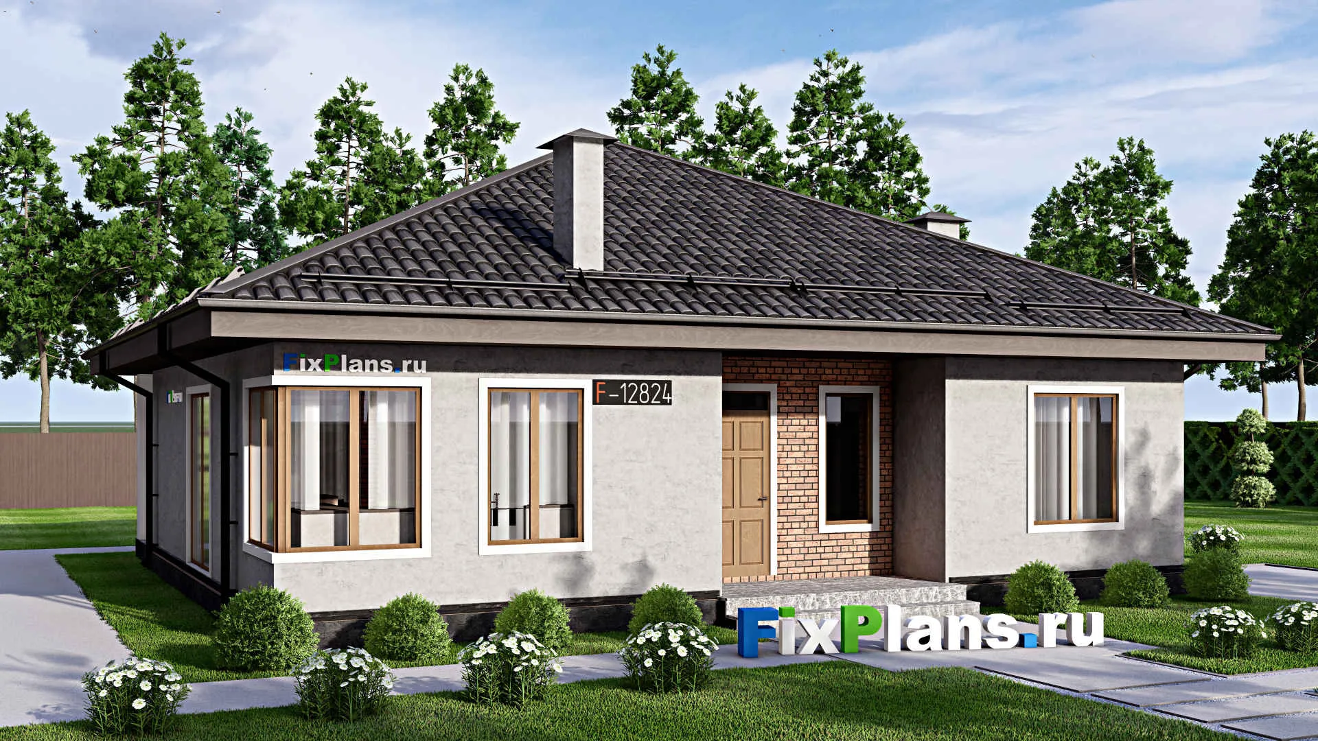 F-12824 - Проект одноэтажного дома 13 на 13, площадью 130 м² с террасой и 3 спальнями