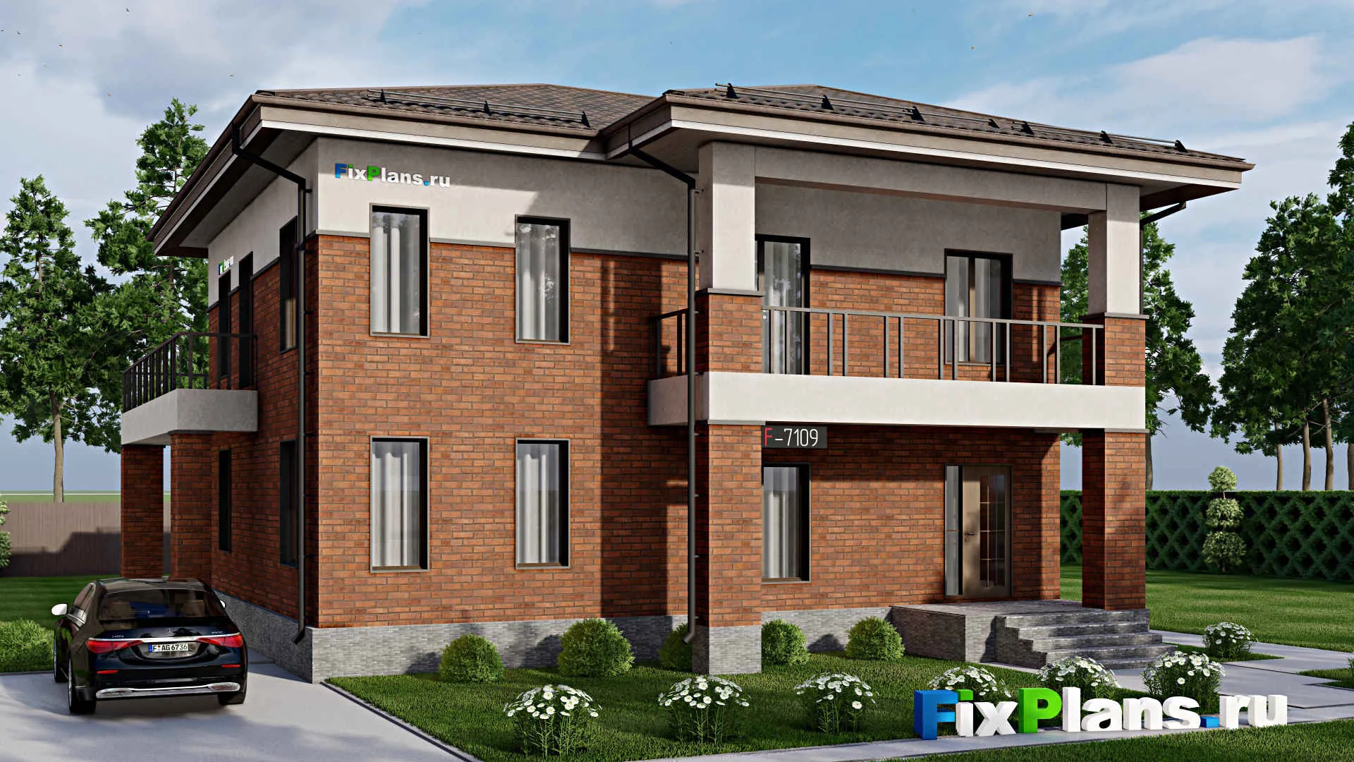 F-7109 - Проект двухэтажного дома 14 на 16, площадью 270 м² с террасой, балконом и 6 спальнями