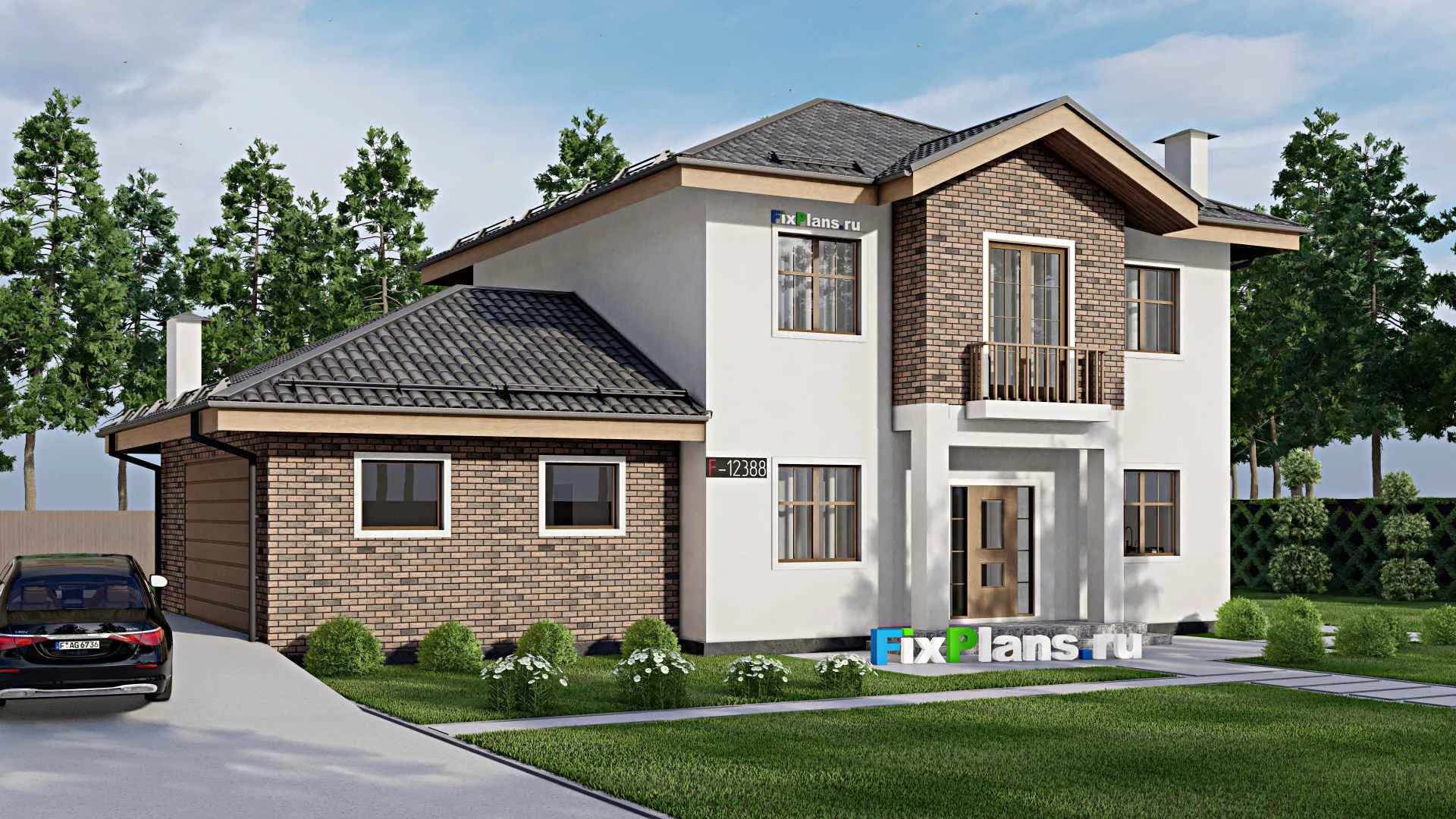 F-12338 - Проект двухэтажного дома 13 на 17, площадью 220 м² с террасой, балконом, гаражом на 2 машины и 3 спальнями