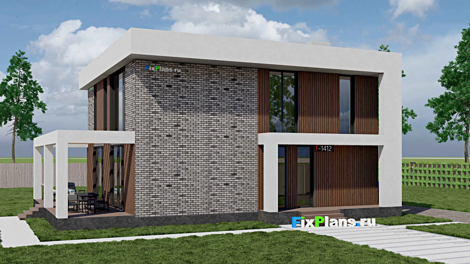 F-1412 - Проект двухэтажного дома 12 на 13, площадью 250 м² с террасой, баней и 5 спальнями