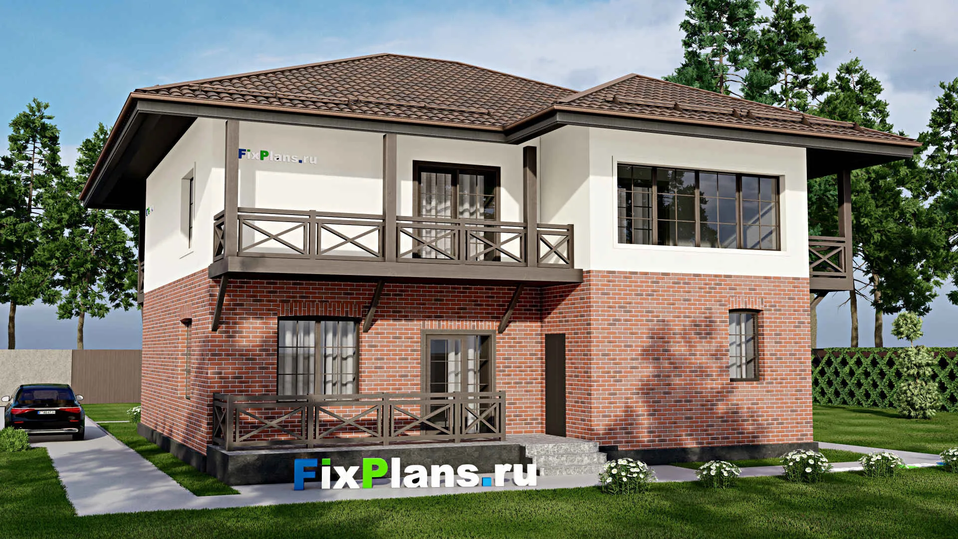 F-8558 - Проект двухэтажного дома 13 на 14, площадью 270 м² с террасой, балконом и 5 спальнями