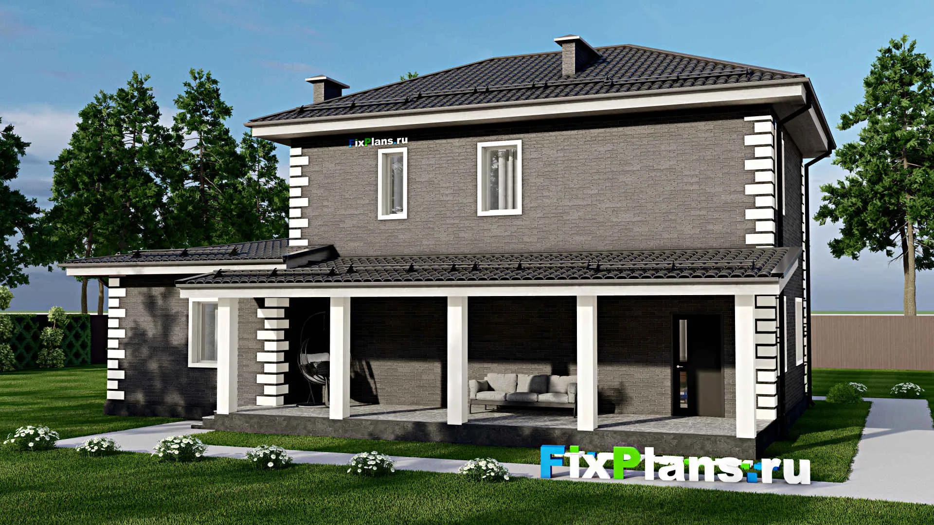 F-4508 - Планы двухэтажного дома 10 на 16, площадью 210 м² с террасой, балконом, гаражом на 2 машины и 3 спальнями