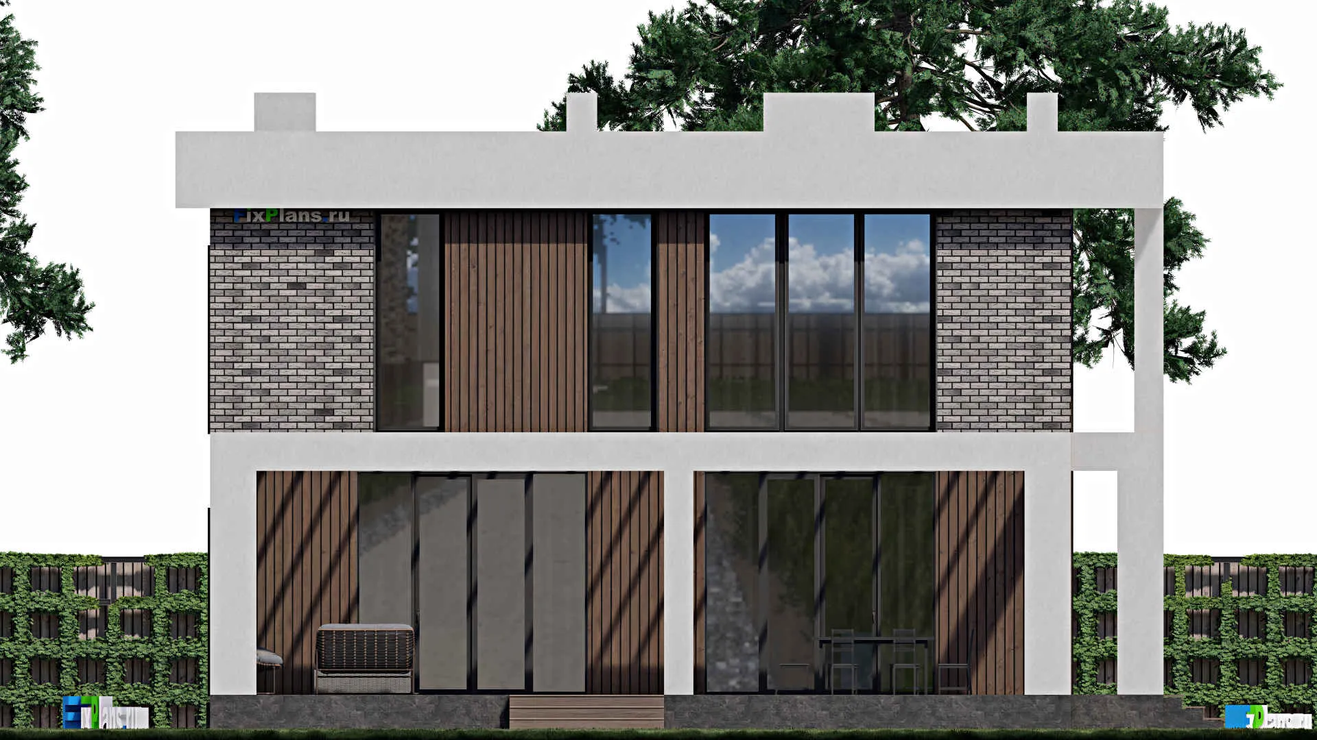 F-1412 - Проект двухэтажного дома 12 на 13, площадью 250 м² с террасой, баней и 5 спальнями