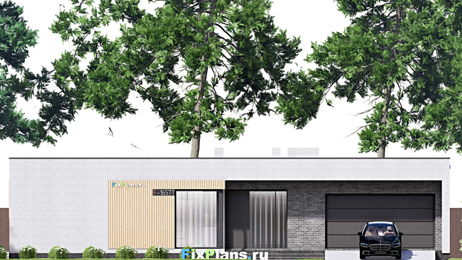 F-16577 - План одноэтажного дома 20 на 24, площадью 290 м² с террасой, гаражом на 2 машины и 3 спальнями