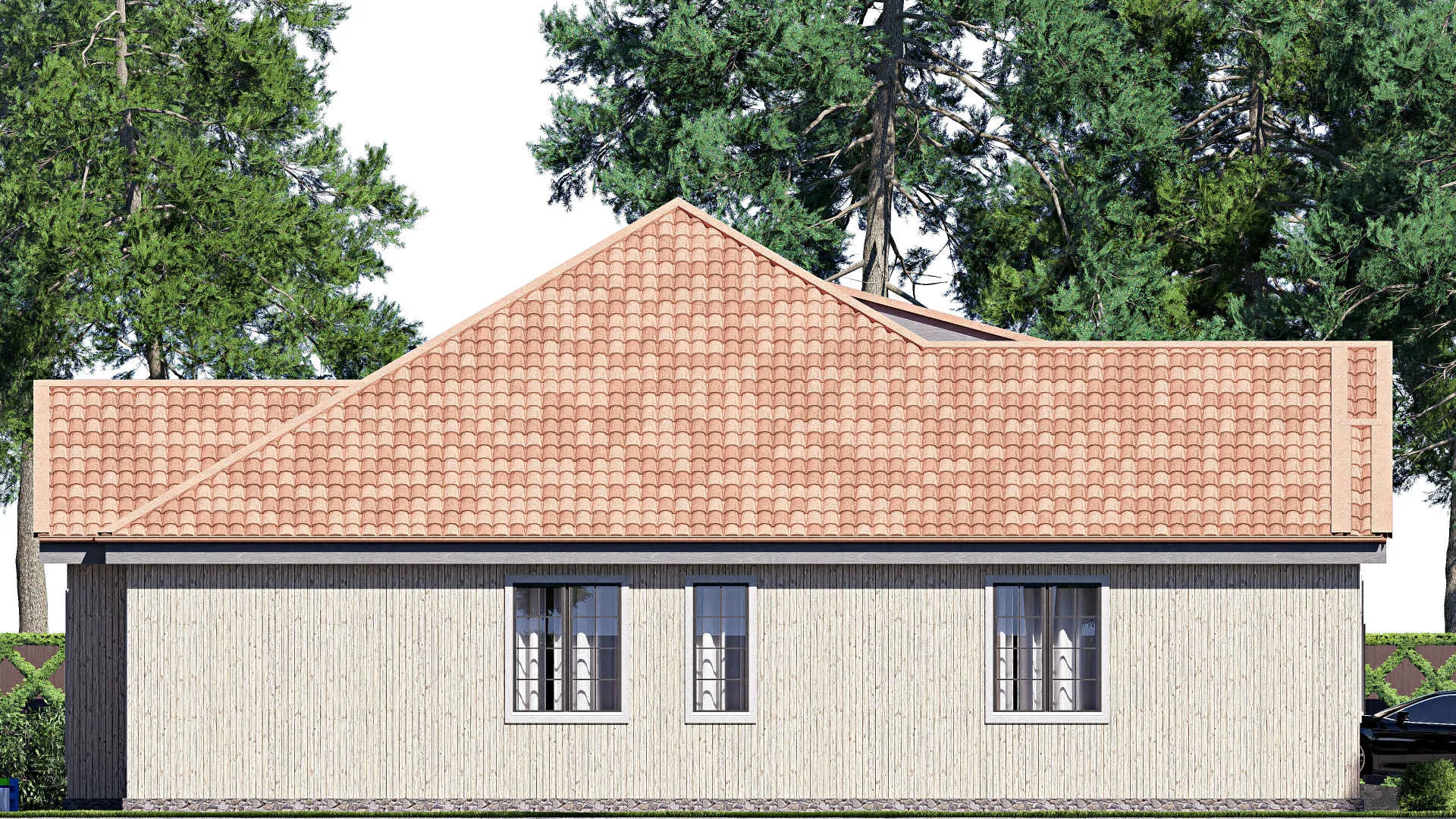 F-20150 - План одноэтажного дома 18 на 20, площадью 270 м² с террасой, гаражом на 2 машины и 2 спальнями