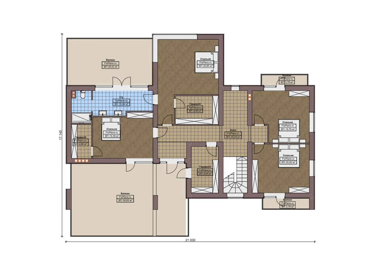 F-11843 - Планы двухэтажного дома 21 на 22, площадью 530 м² с террасой, балконом, гаражом на 1 машину и 6 спальнями