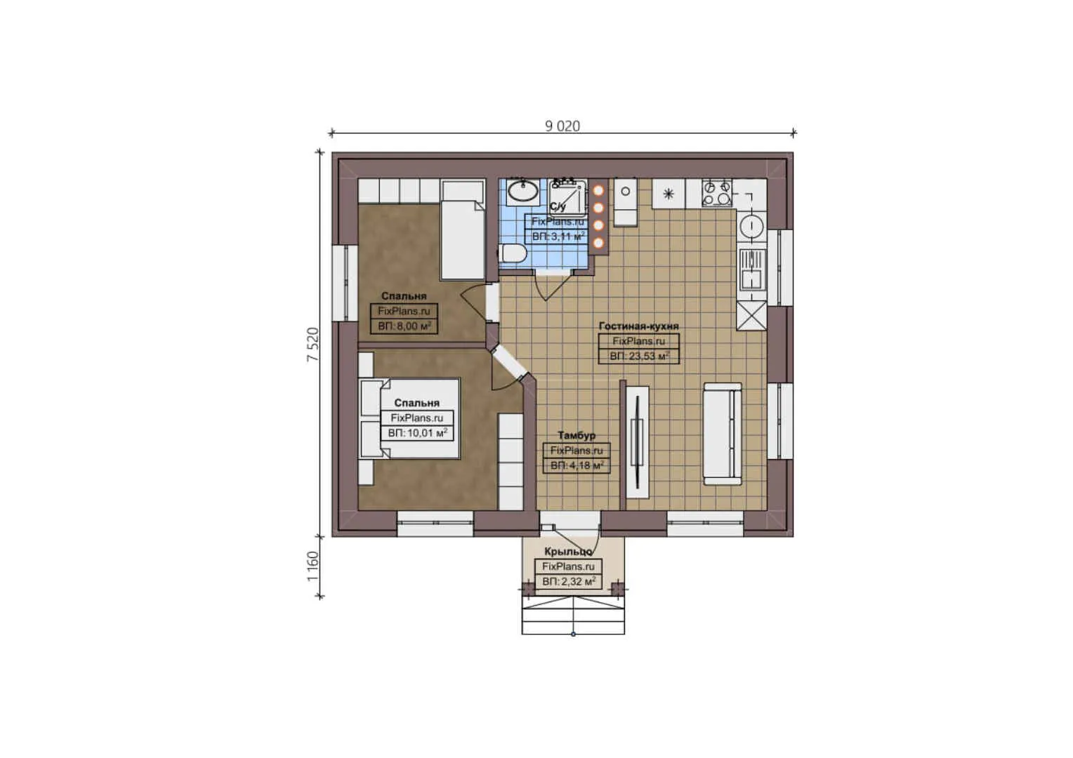 F-2267 - План одноэтажного дома 8 на 10, площадью 60 м² с 2 спальнями