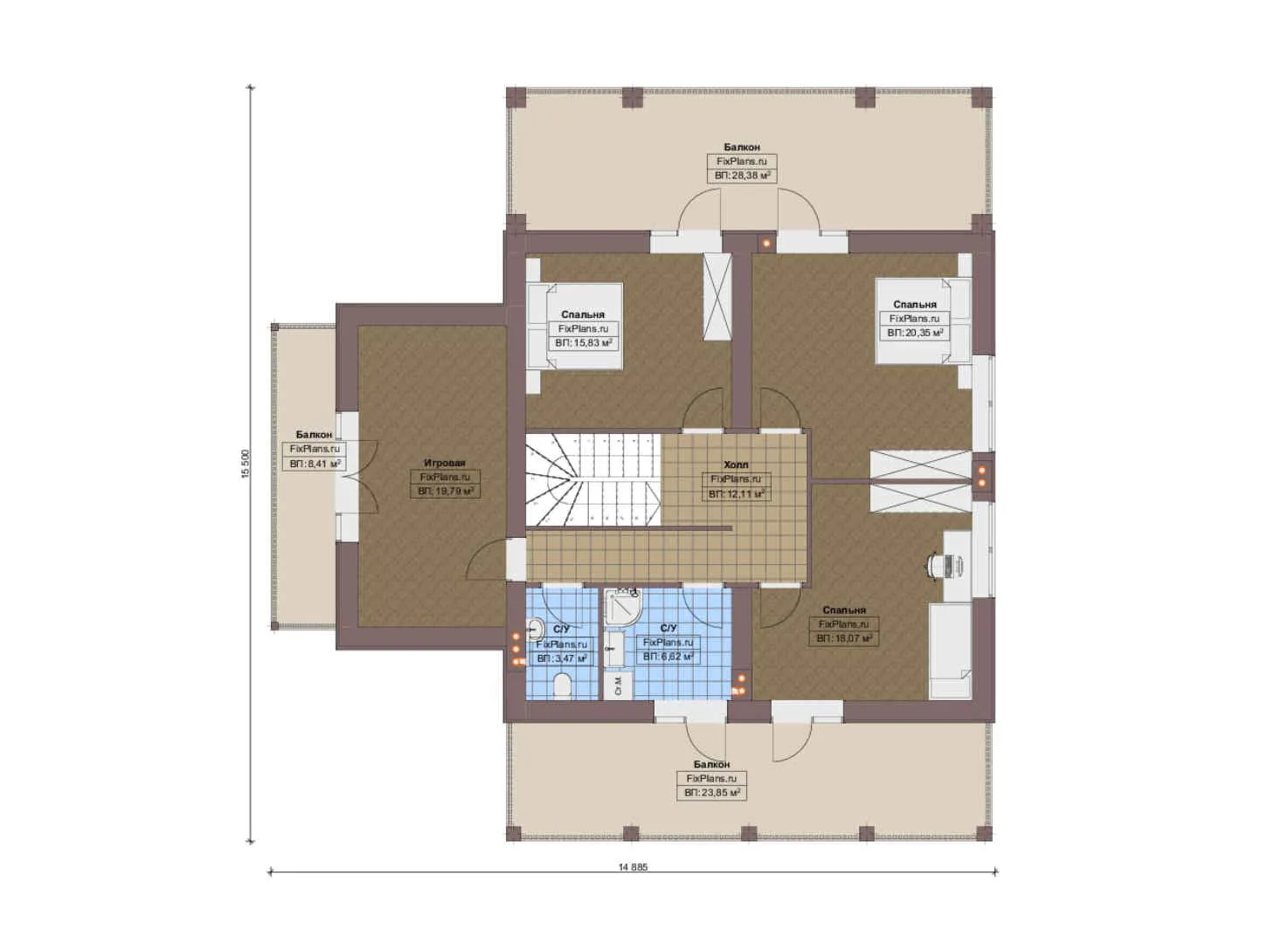 F-20825 - Планы дома с мансардой 16 на 16, площадью 360 м² с террасой, балконом и 4 спальнями