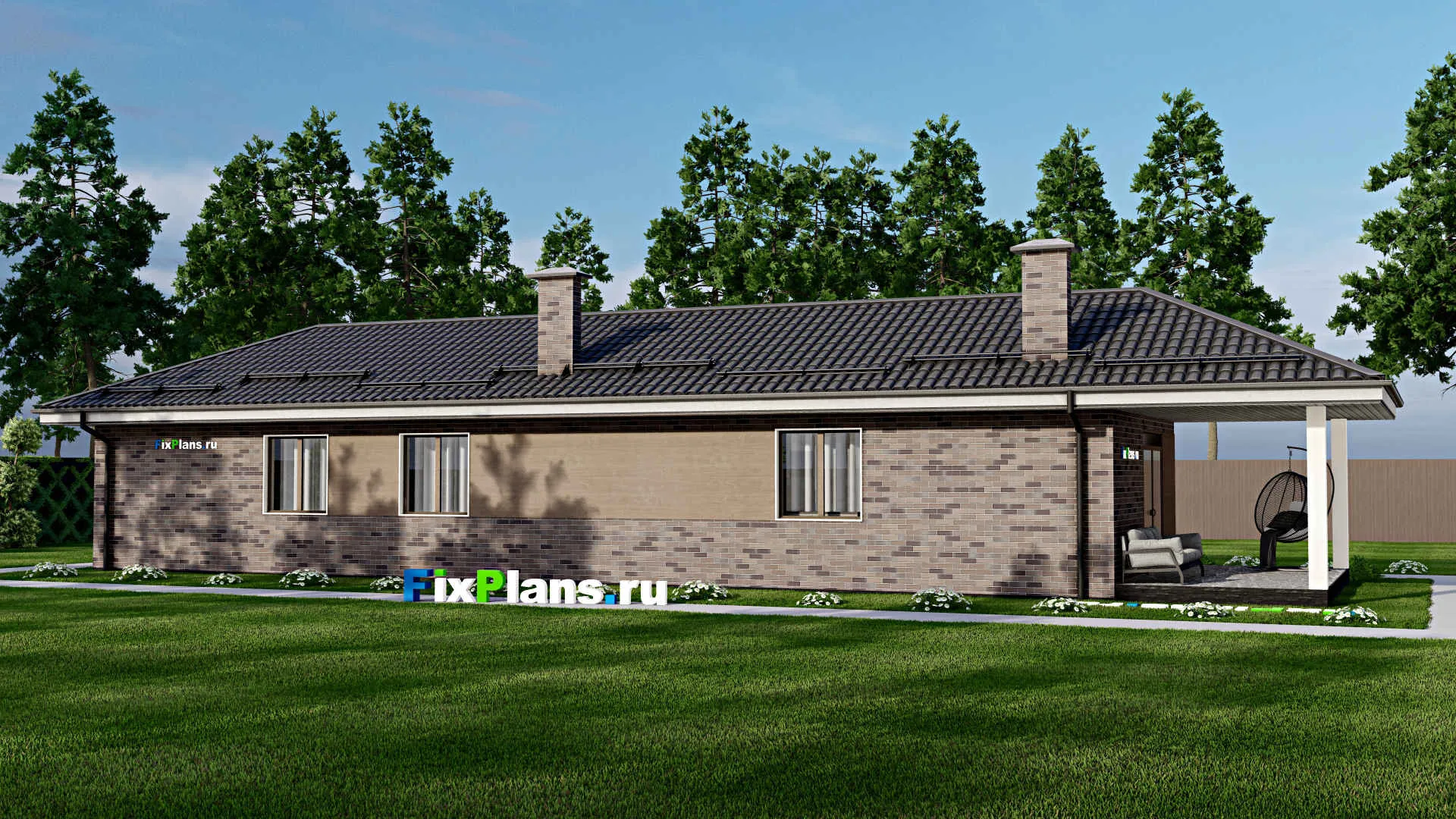 F-4409 - План одноэтажного дома 7 на 21, площадью 120 м² с террасой и 3 спальнями