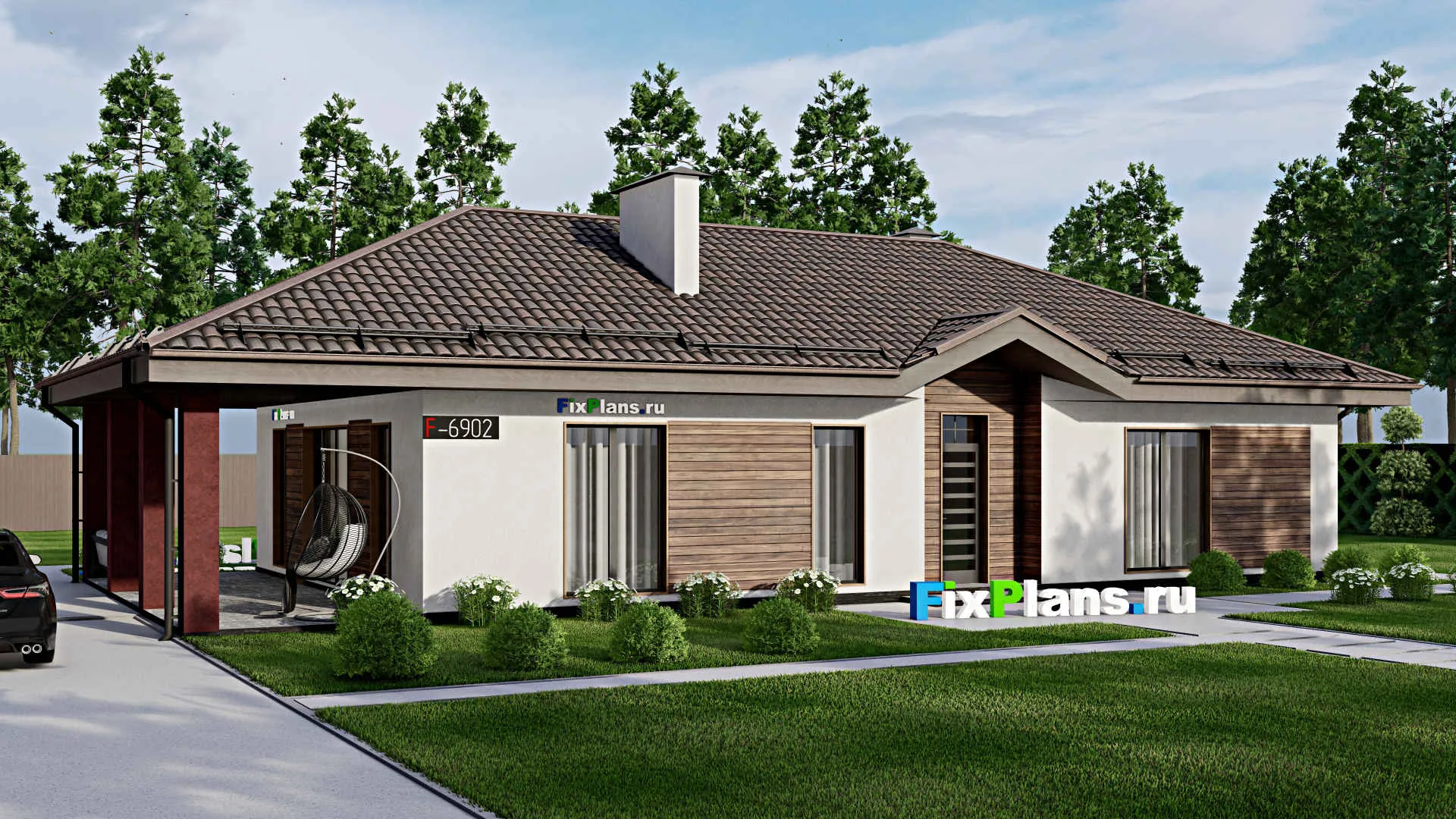 F-6902 - Проект одноэтажного дома 10 на 17, площадью 150 м² с террасой и 3 спальнями