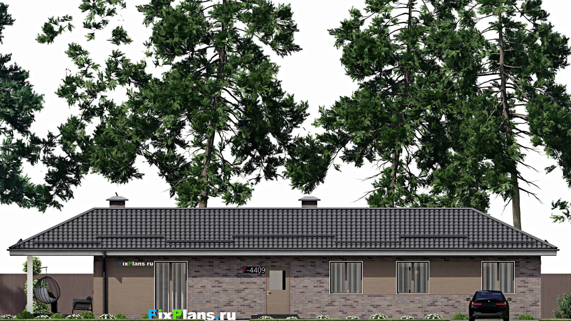 F-4409 - План одноэтажного дома 7 на 21, площадью 120 м² с террасой и 3 спальнями